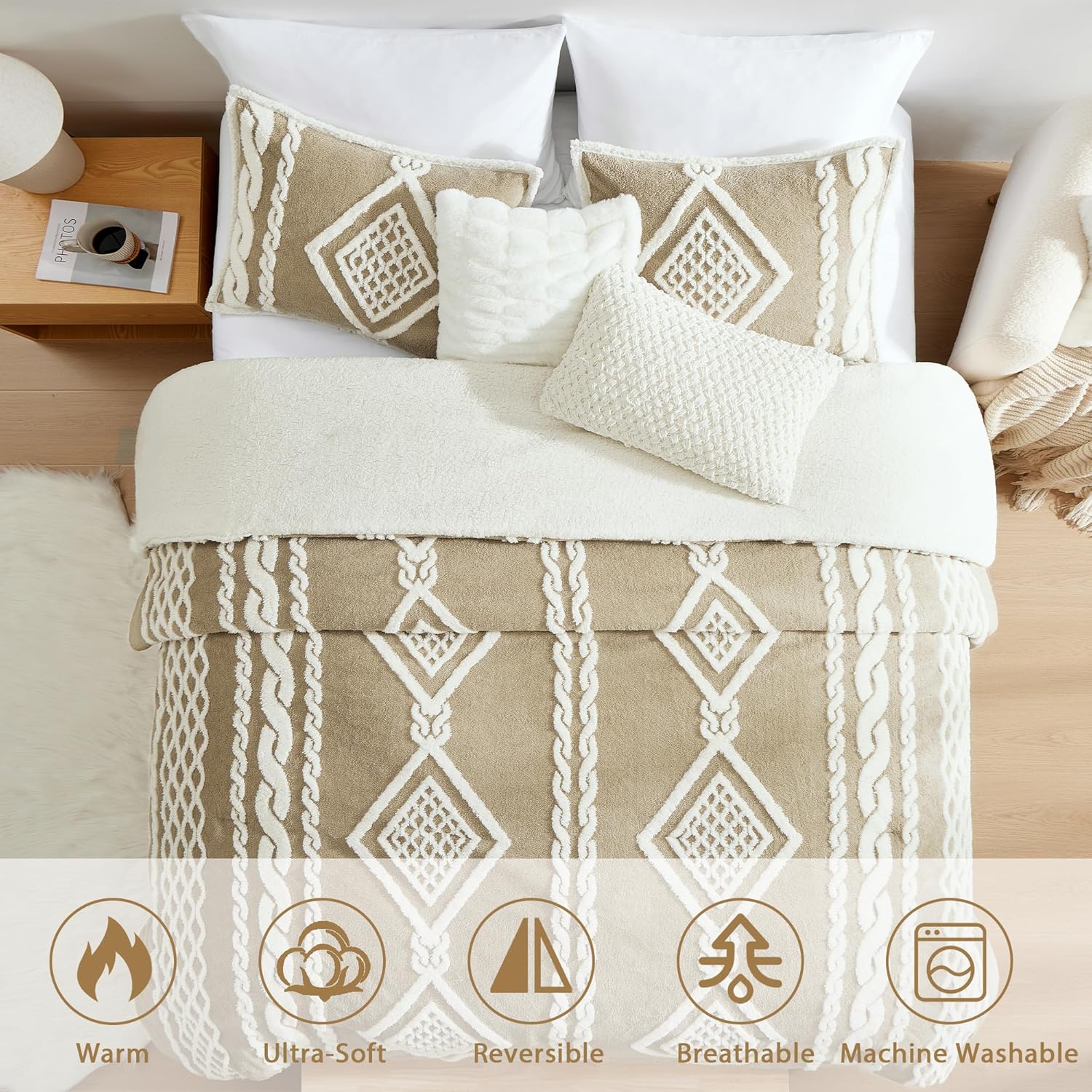 Geniospin Juego de edredón tamaño matrimonial, juego de edredón sherpa ultrasuave para cama de tamaño matrimonial, juegos de ropa de cama jacquard
