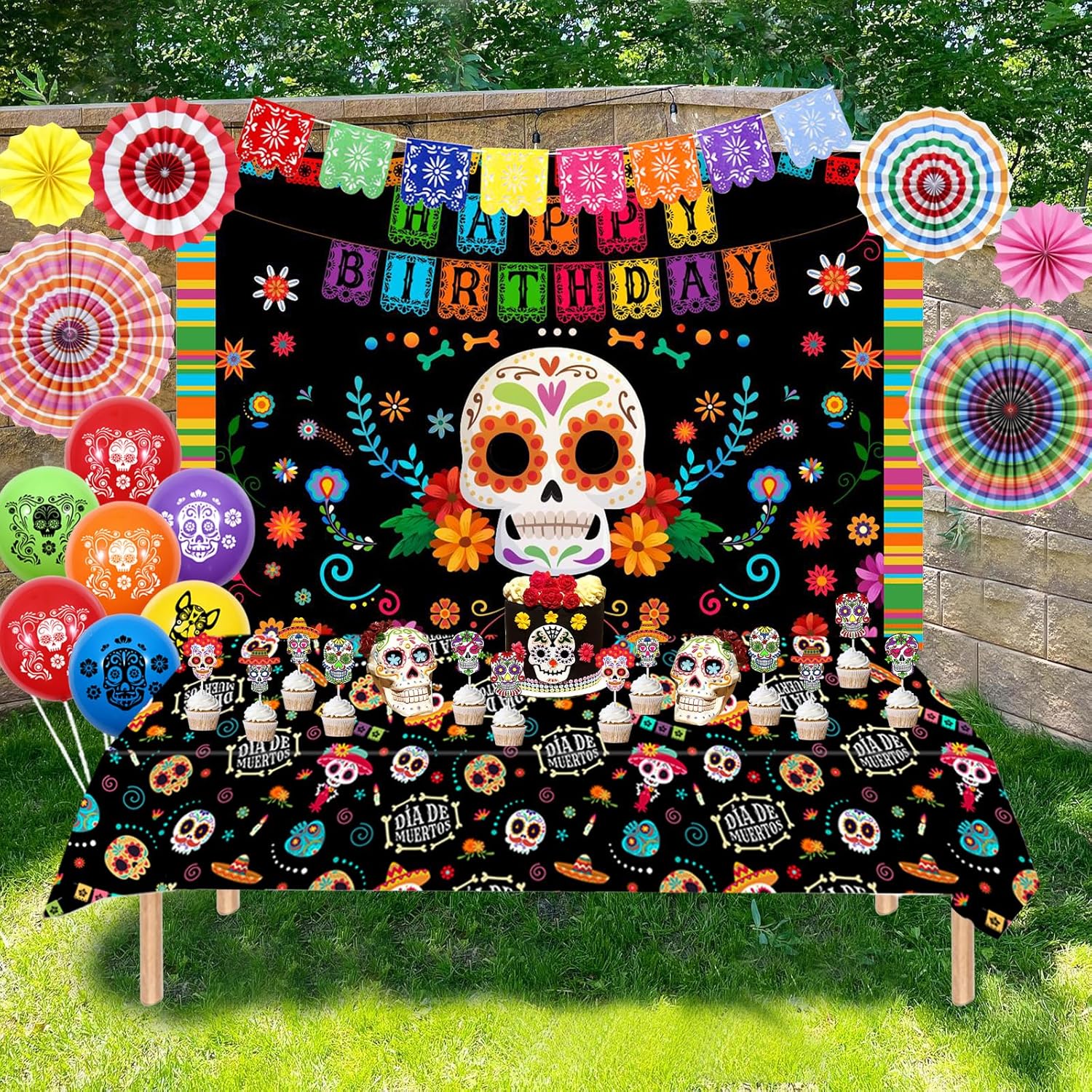 Decoraciones de cumpleaños del Día de los Muertos, globos del Día de los Muertos, telón de fondo de calavera de azúcar, mantel para cupcakes,