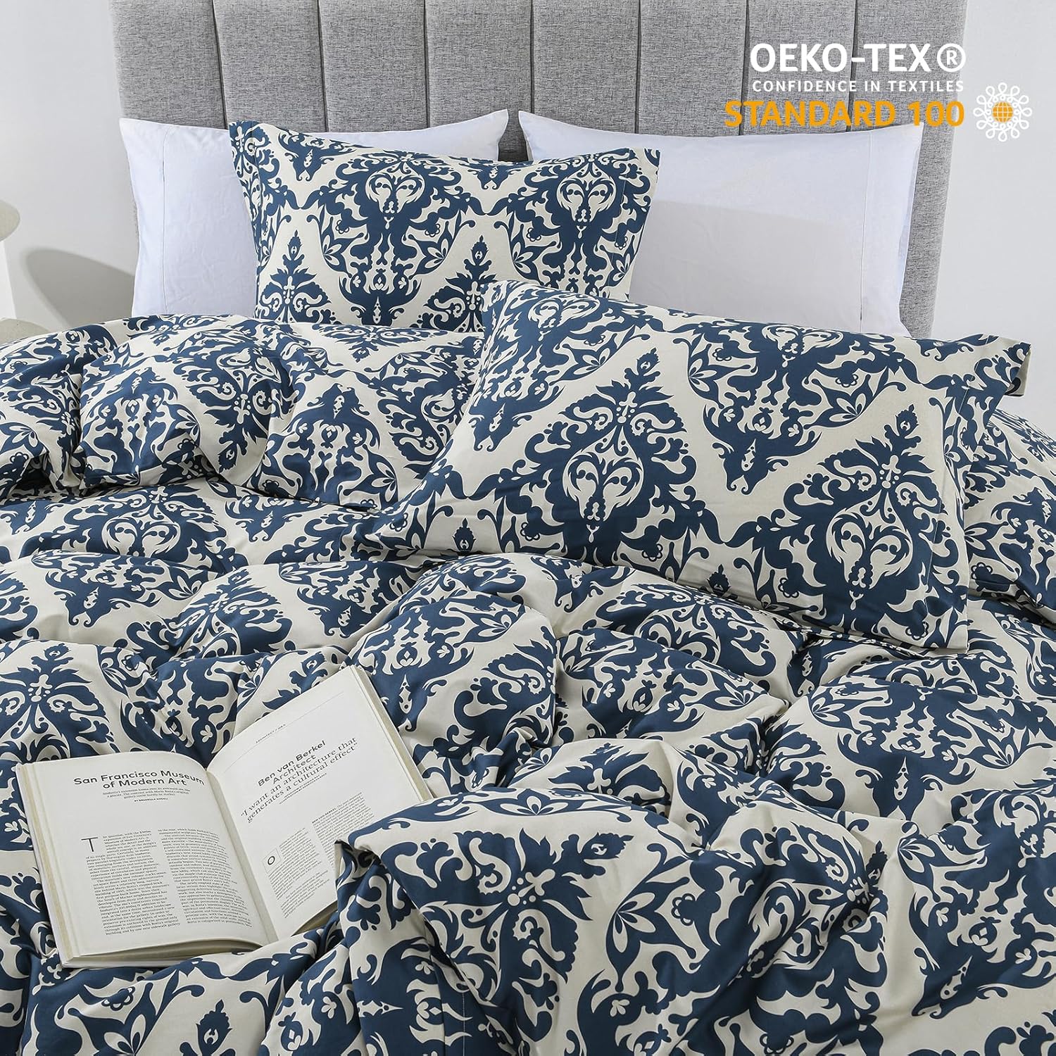 Funda de edredón King  Funda de edredón azul marino tamaño King, funda de edredón 100% algodón, 3 piezas de medallón de damasco con cierre de