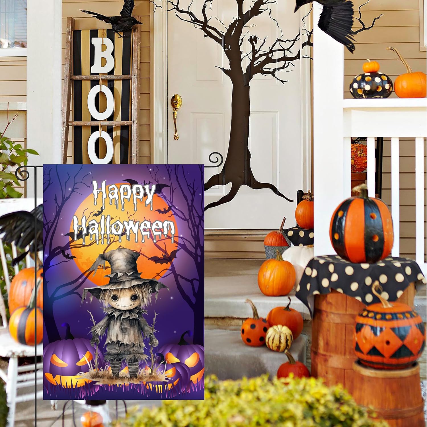 Bandera de jardín de gato negro con calabaza de Halloween, doble cara, para decoración de patio de fiesta, 12 x 18 pulgadas (estilo feliz Holloween)