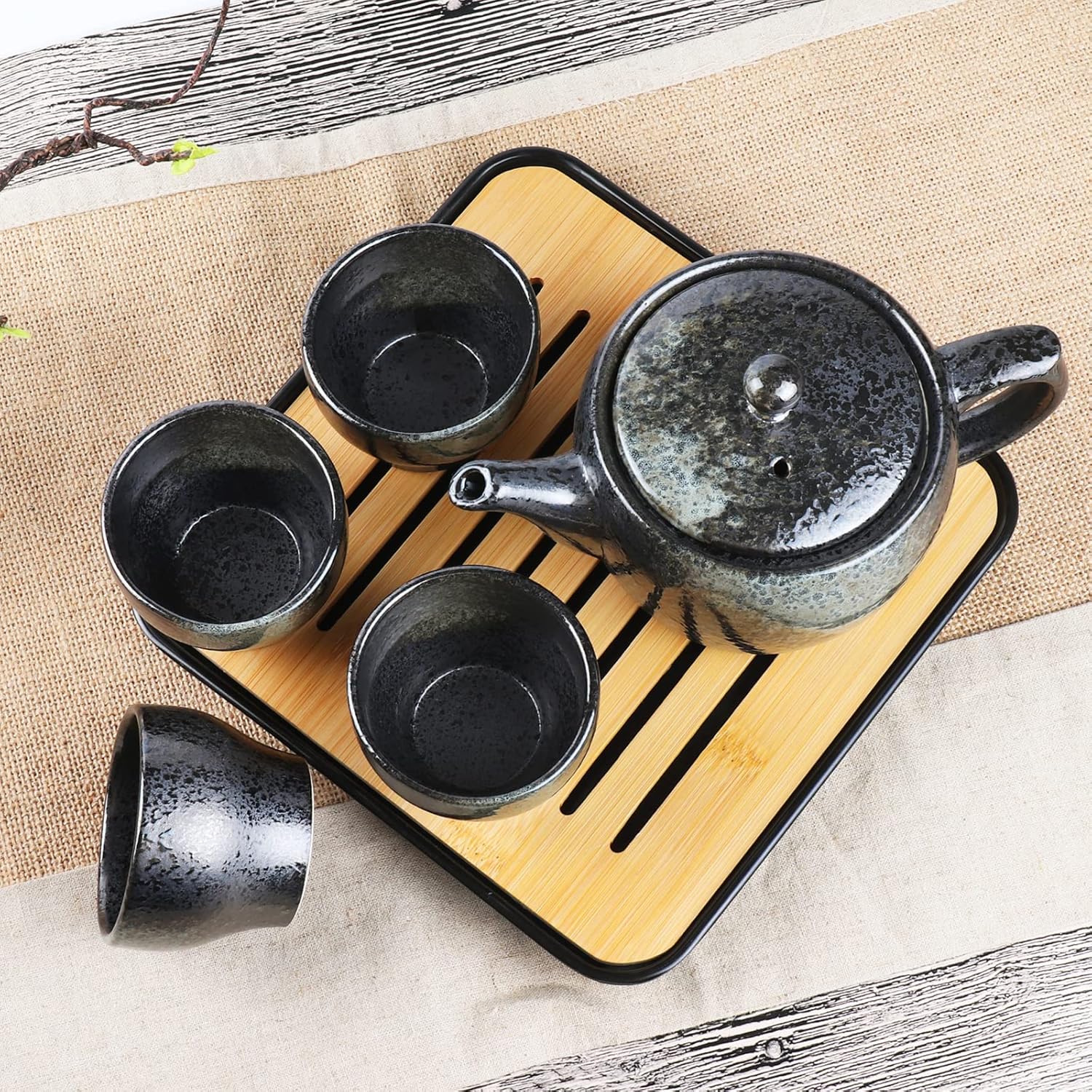 Hannah Choice Juego de té japonés de cerámica, juegos de té negro con 1 tetera, 4 tazas de té, 1 bandeja de té, 1 infusor de acero inoxidable,
