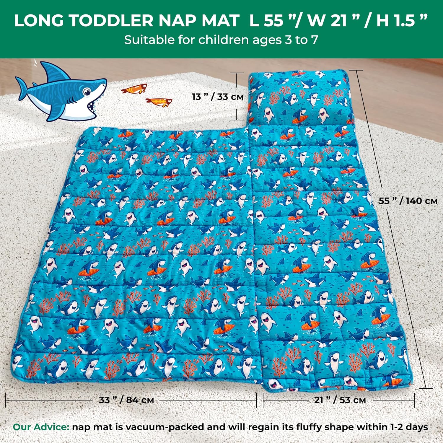 Tapete para siesta para niños pequeños con almohada extraíble, manta ancha. Extra suave, largo saco de dormir enrollado de 55 x 21 pulgadas. Tapete