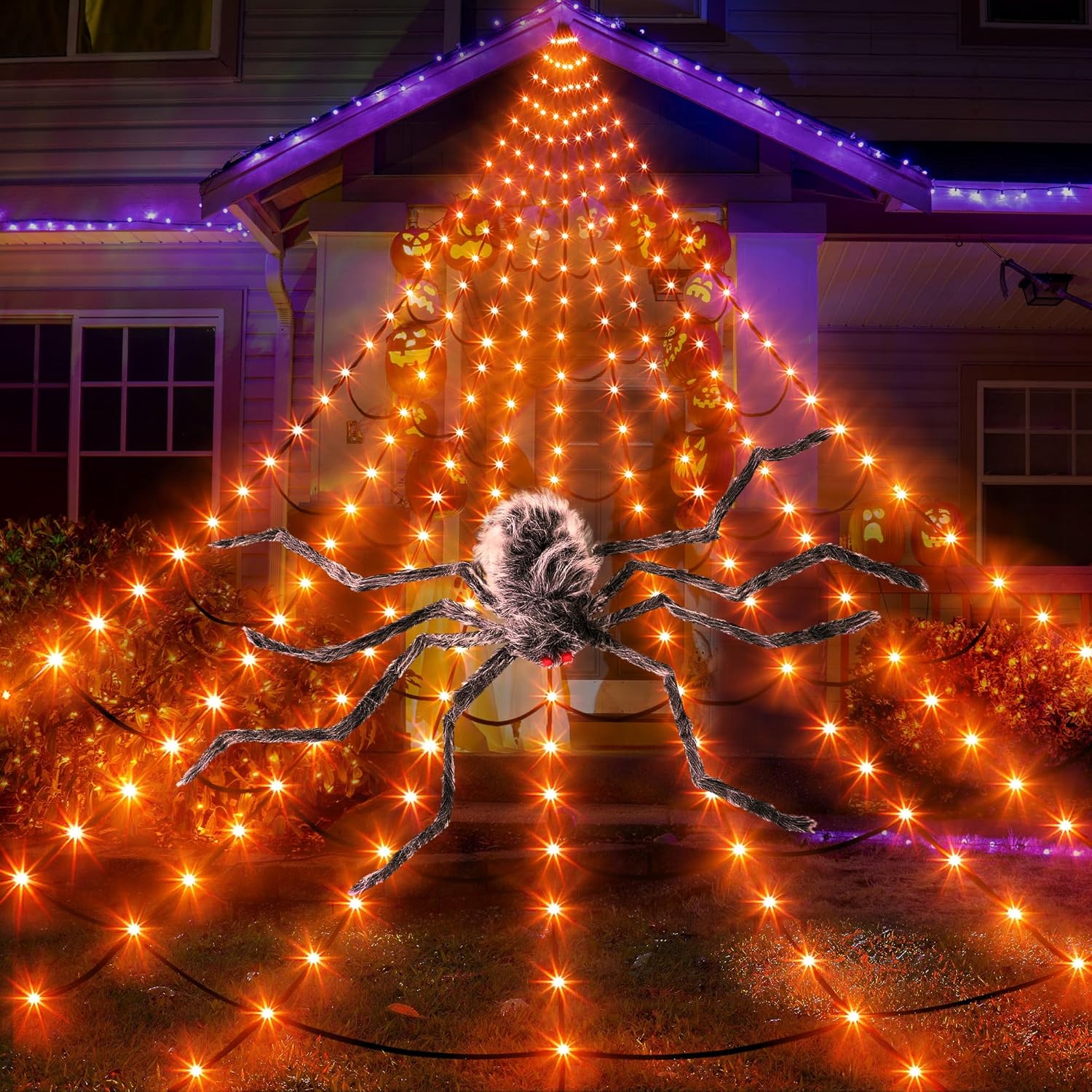 Red de araña solar para decoración de Halloween, 16.4 x 15.7 pies, enorme telaraña triangular alimentada por energía solar, 192 LED, 8 modos,