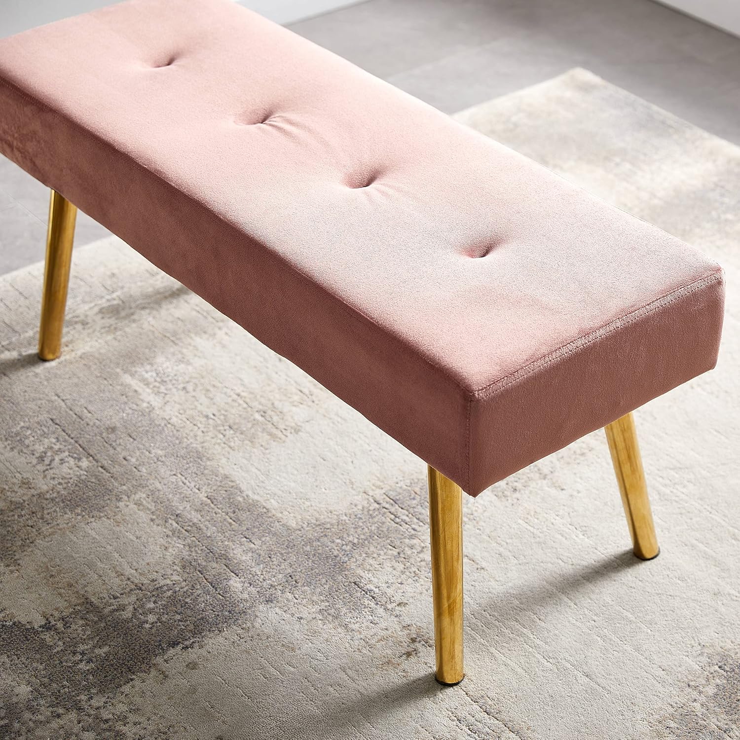 Polibi Moderno banco lateral de cama, taburete largo tapizado de terciopelo copetudo con patas doradas para dormitorio, entrada, sala de estar