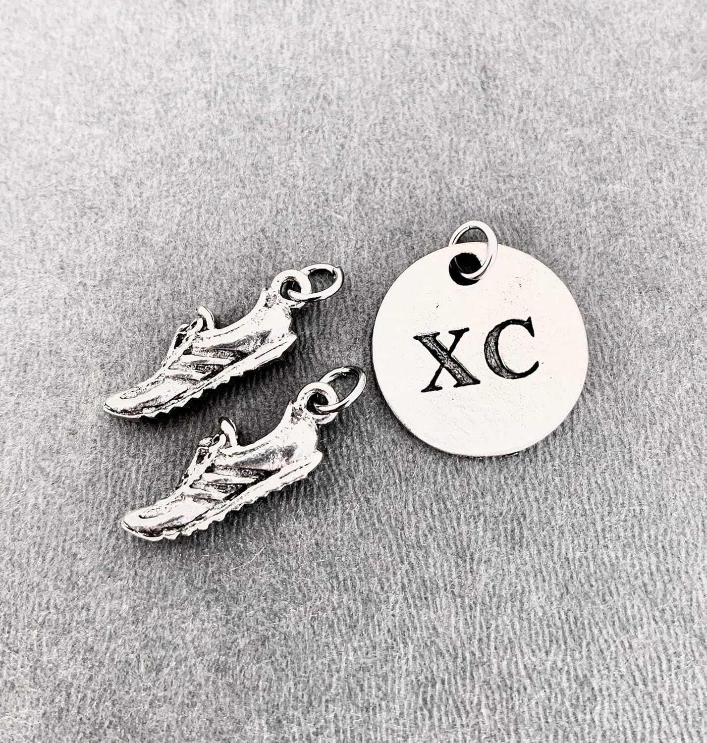 Running SHOE XC Round Pewter Charm Set – Pair of Running Shoe Charms – TWO (2) Pewter Running Shoe Charms and 1 Round Pewter XC Pendant in Organza