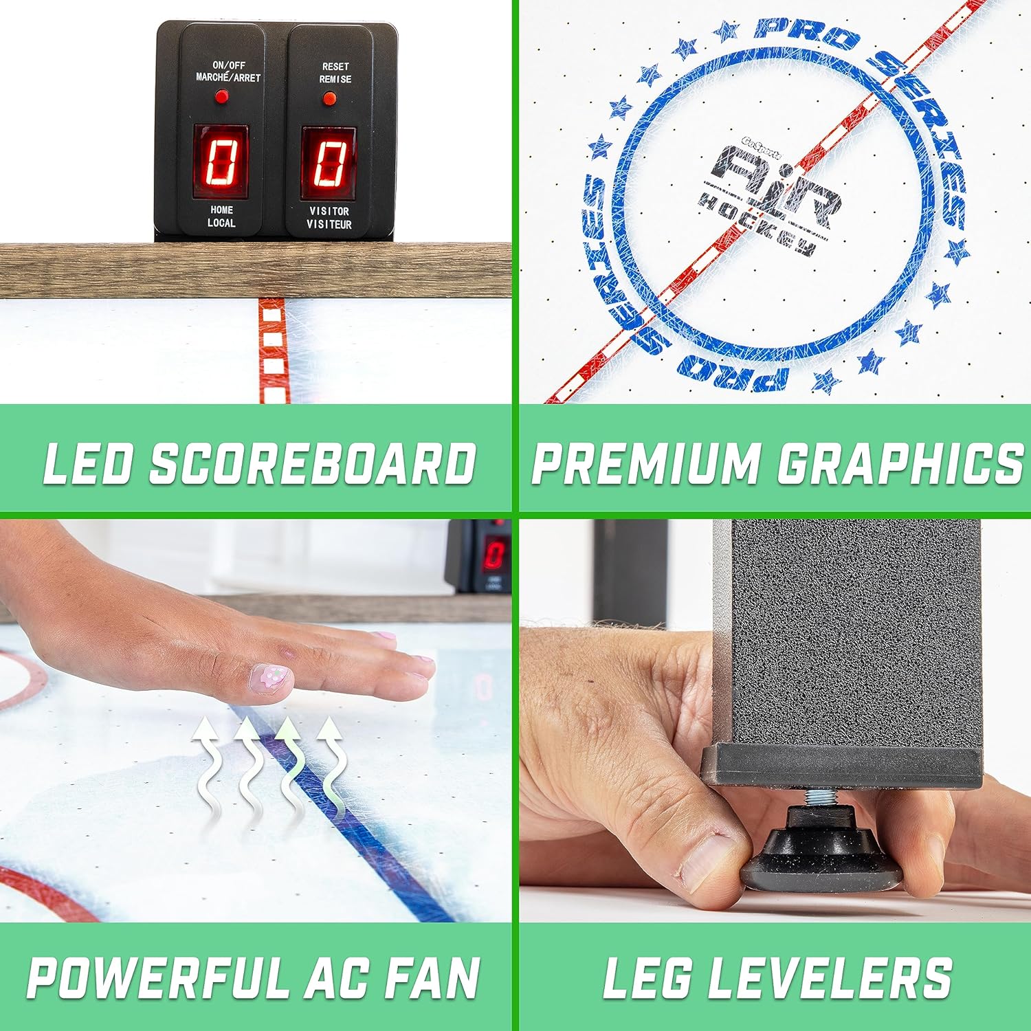 GoSports Mesa de hockey de aire de 54 pulgadas para niños y adultos, incluye 2 empujadores, 3 discos, motor de CA y marcador LED