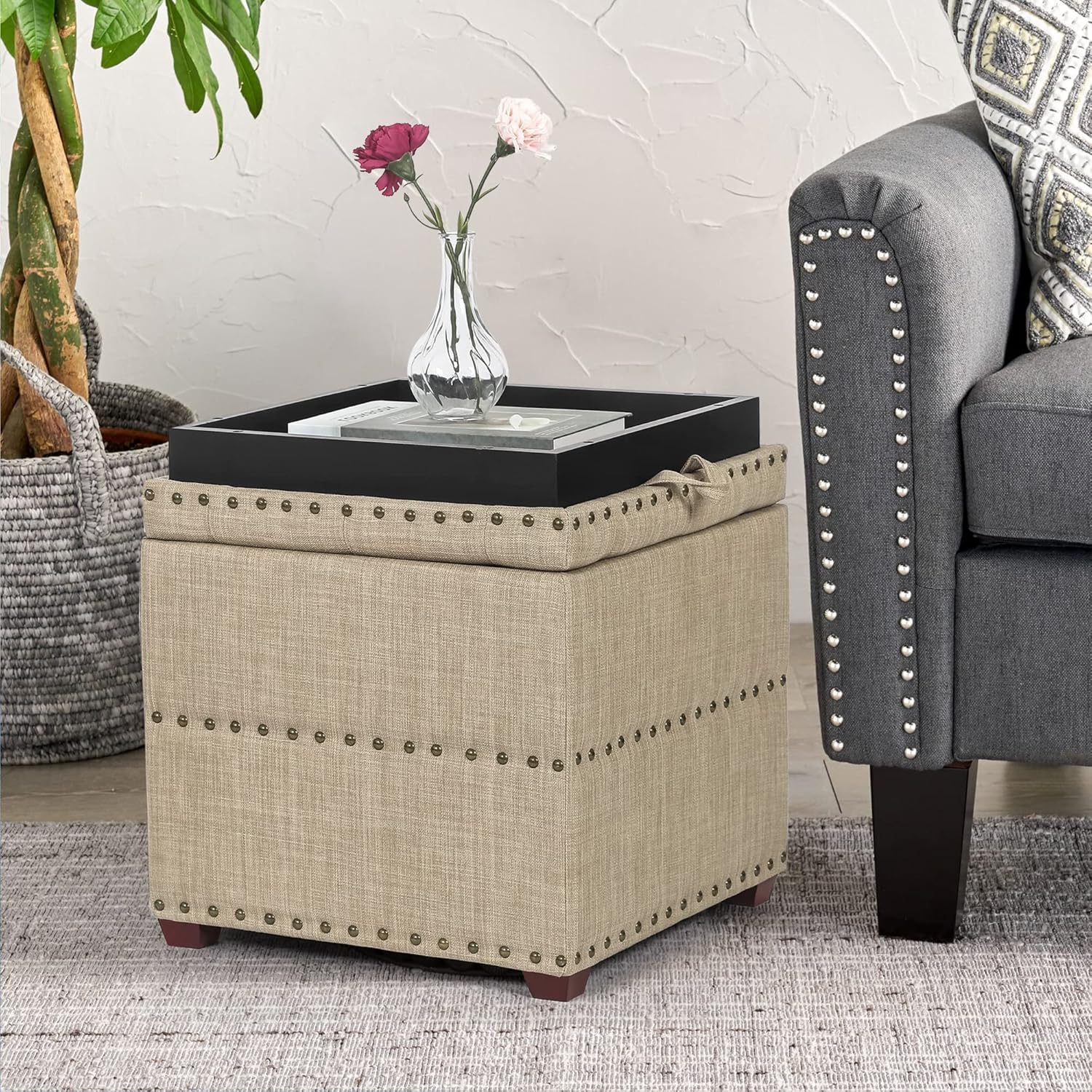 Adeco Taburetes otomanos de 18 pulgadas de alto, taburetes de lino beige con bandeja, taburete de tocador tapizado con patas de madera maciza