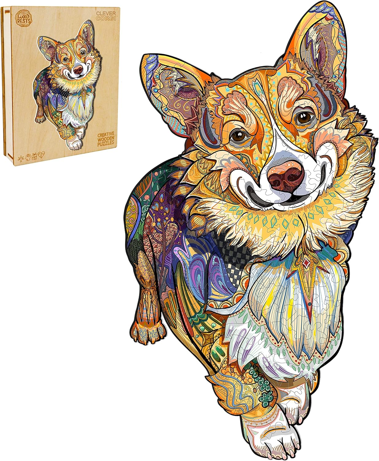 Rompecabezas de madera para adultos, rompecabezas de perro de madera, formas únicas de rompecabezas de animales y caja de rompecabezas de madera,