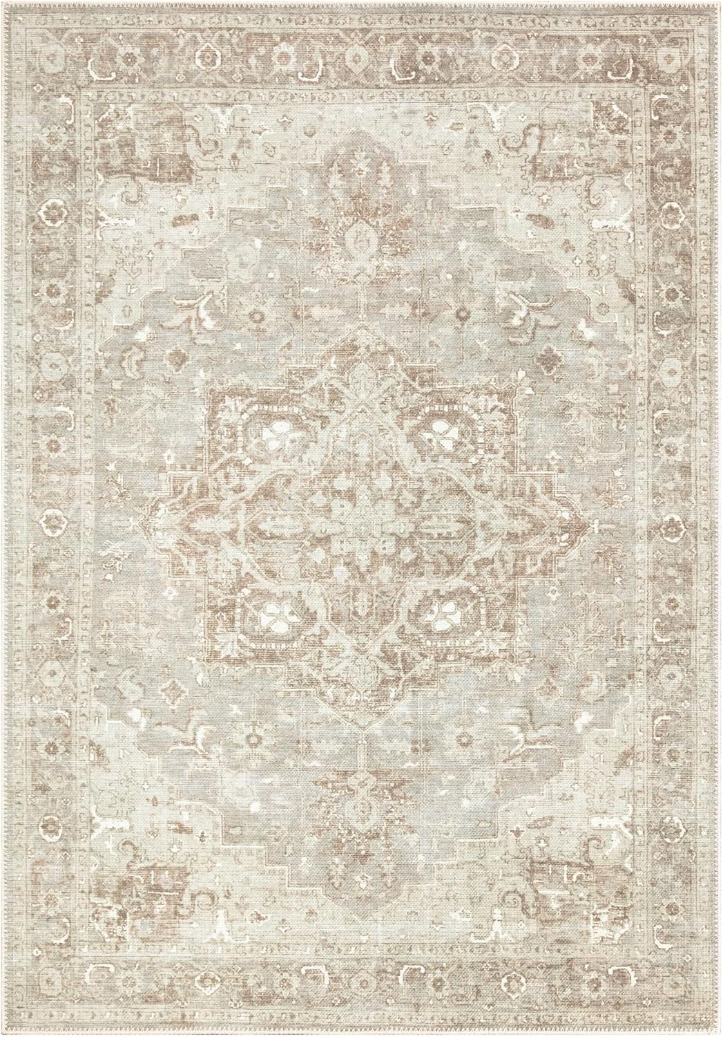 Bloom Rugs Alfombra lavable antideslizante de 4 x 6 pies, color beigegris, alfombra tradicional para sala de estar, dormitorio, comedor y cocina,