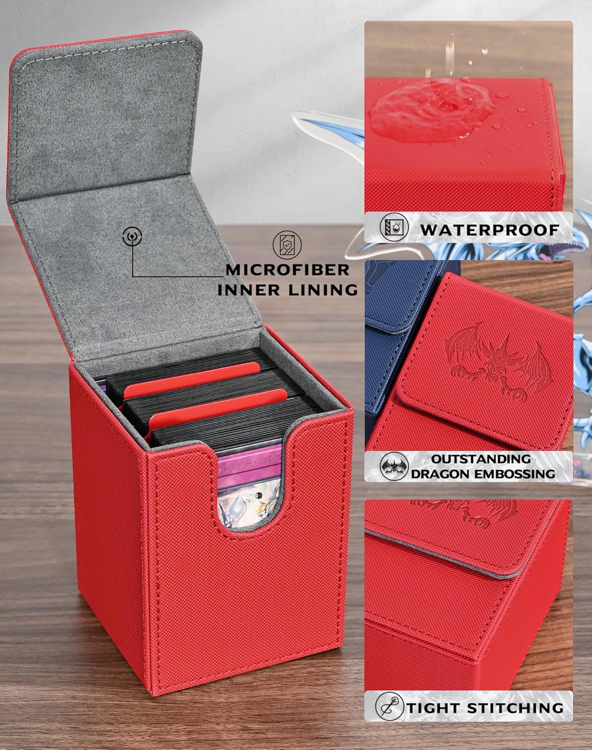 UAONO Caja de cartas para tarjetas Yugioh MTG, más de 100 fundas con 2 divisores para TCG CCG, caja de almacenamiento de tarjetas de piel sintética