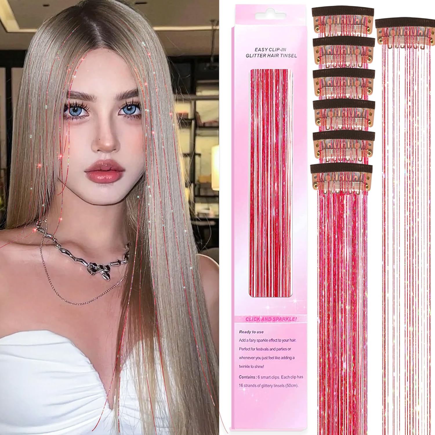 Kit de oropel con clip, 6 extensiones de cabello de oropel con clip, resistentes al calor de hadas con purpurina, accesorios para el cabello