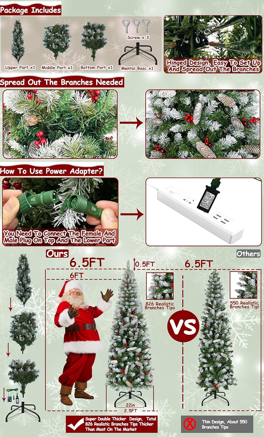 TURNMEON Árbol de Navidad preiluminado de 6.5 pies, 250 luces LED cálidas y coloridas