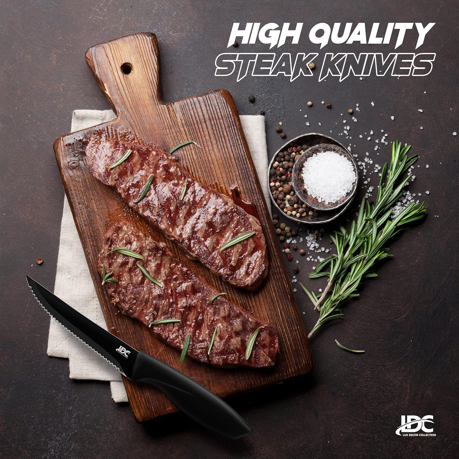 LUX Décor – Juego de 8 cuchillos para carne, elegantes cuchillos dentados negros ultra afilados, aptos para lavavajillas, juego de cuchillos para