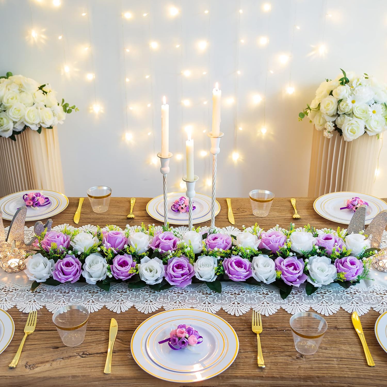 BLOSMON Flores artificiales, centros de mesa de boda, flores falsas, 10 unidades, arreglo floral de seda lila y blanca, centro de mesa, mesa de