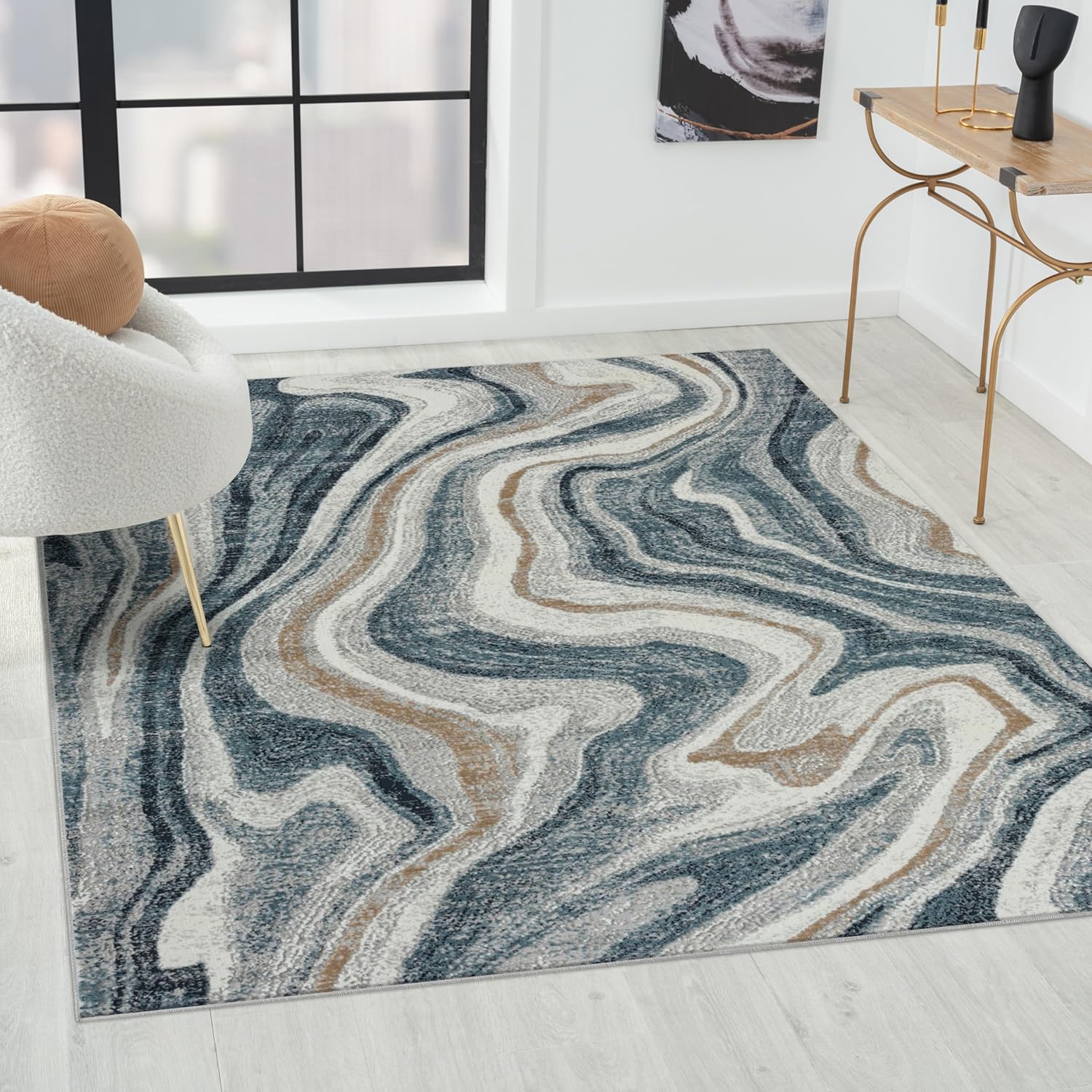 LUXE WEAVERS Alfombra de área azul 8×10 con diseño de mármol