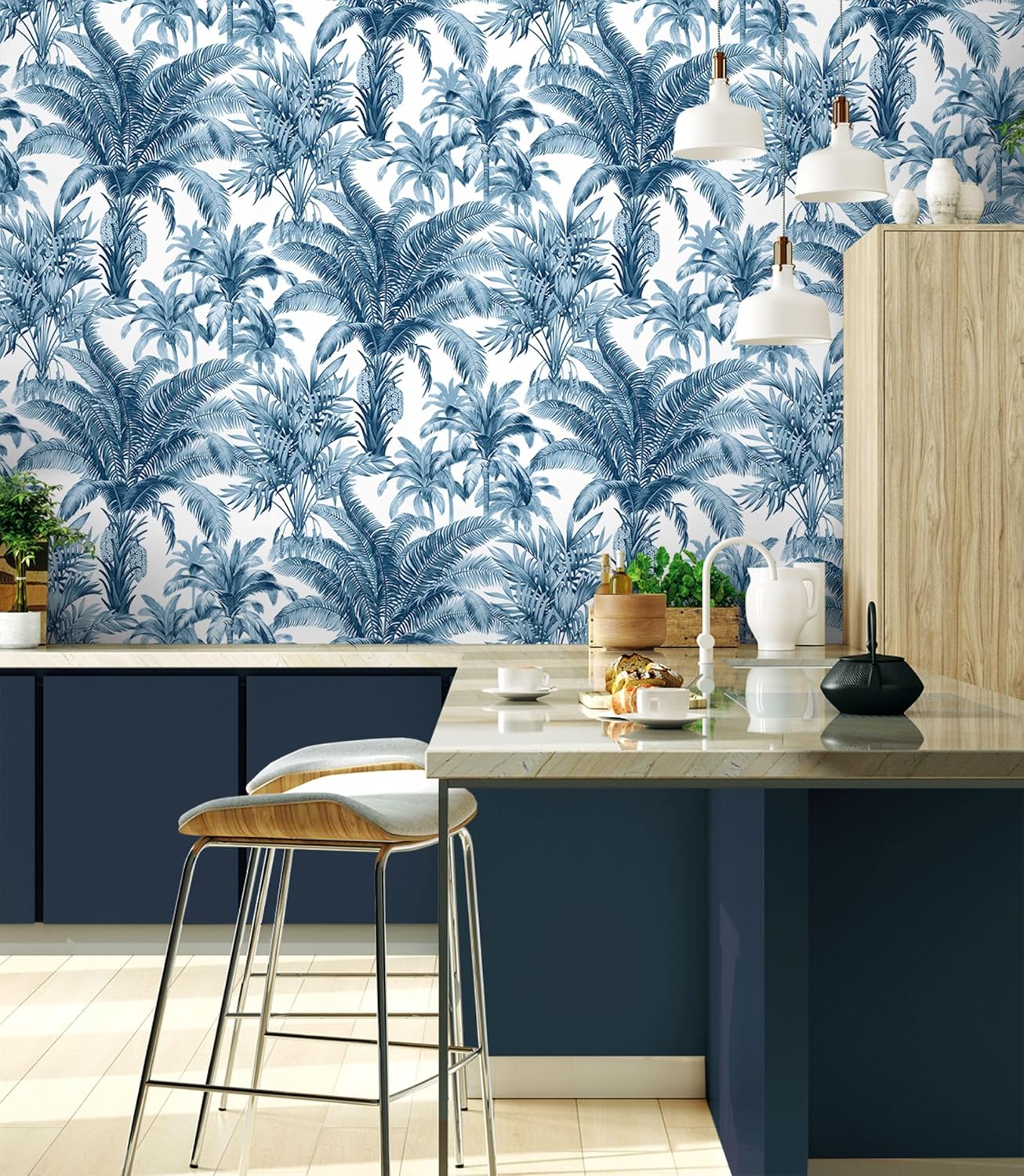 Casa Mia Papel tapiz de vinilo Palm Grove para despegar y pegar (cubre 30.75 pies cuadrados) (azul y blanco)