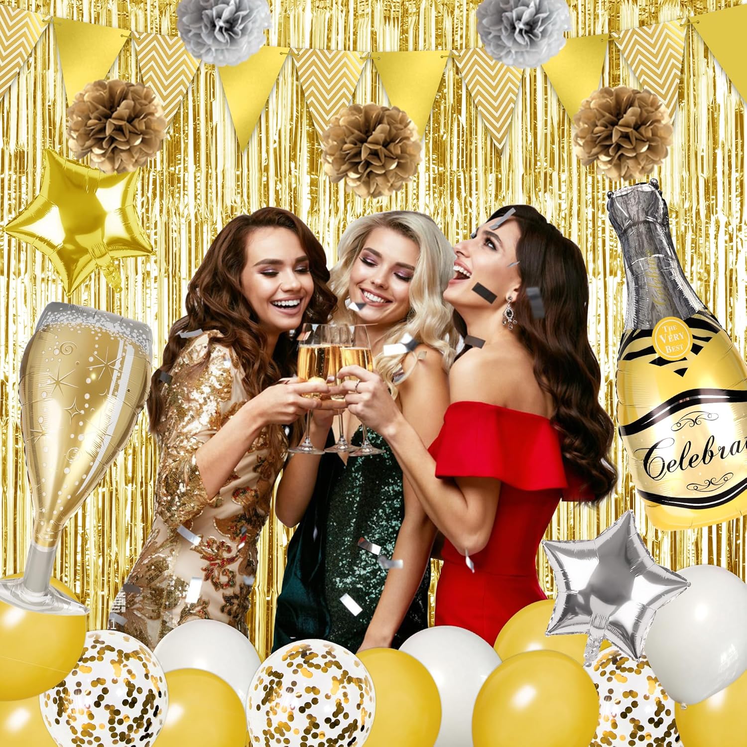 Yawagor – Suministros para fiesta de Año Nuevo 2024, 42 decoraciones doradas para fiestas de Año Nuevo, juego de globos de aluminio de 36 pulgadas,