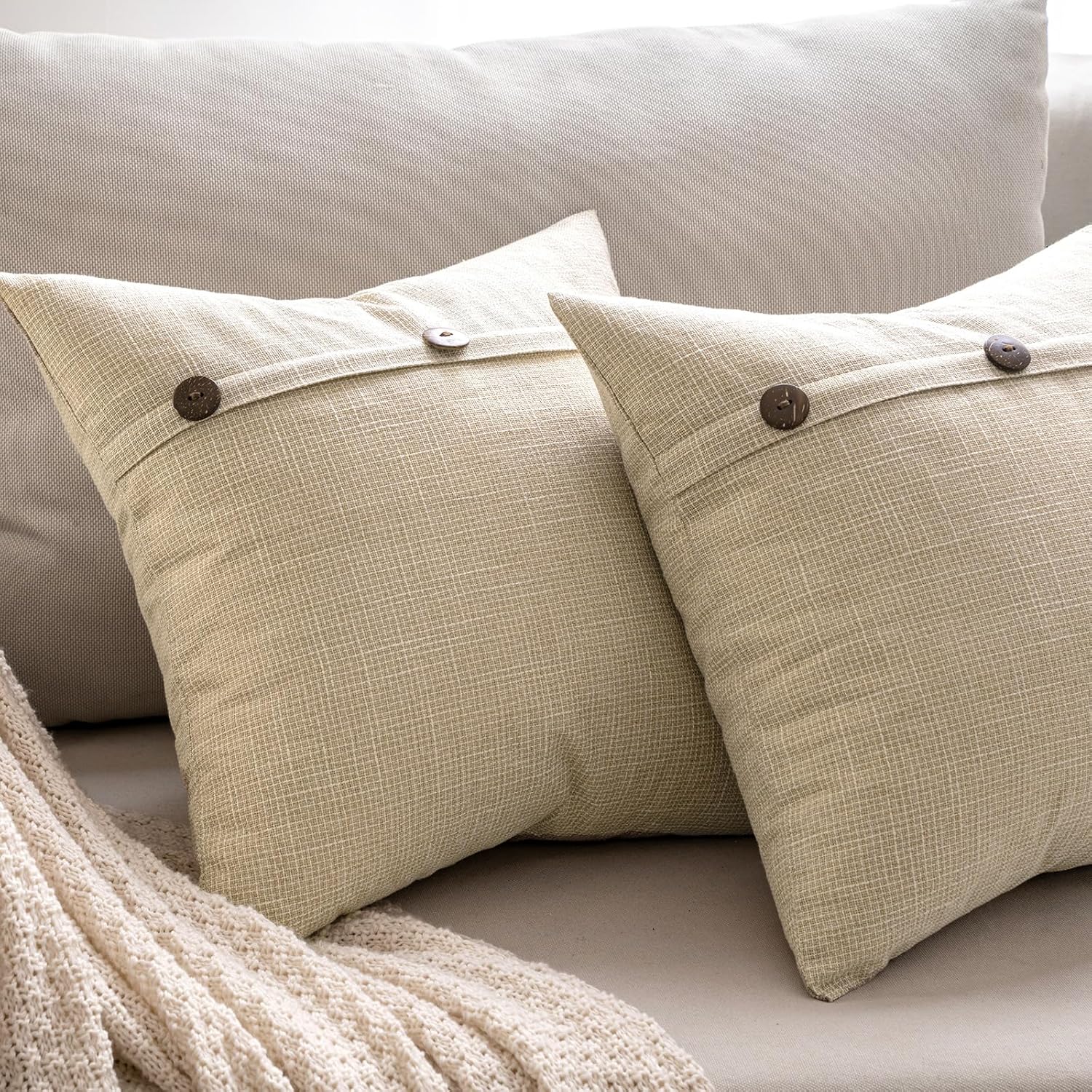 Juego de 2 fundas de almohada de lino con triple botón de arpillera sólida, fundas de cojín decorativas, estilo vintage, estilo campestre moderno,