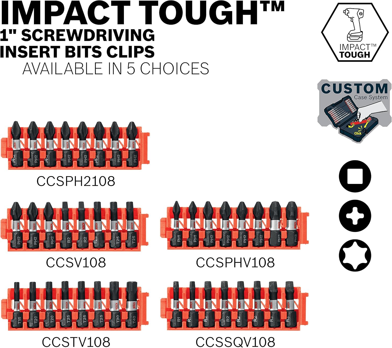 BOSCH CCSV108 – Juego surtido de 8 piezas de 1 pulgada (2 unidades) Phillips resistentes al impacto, cuadrado y Torx con clip para sistema de caja