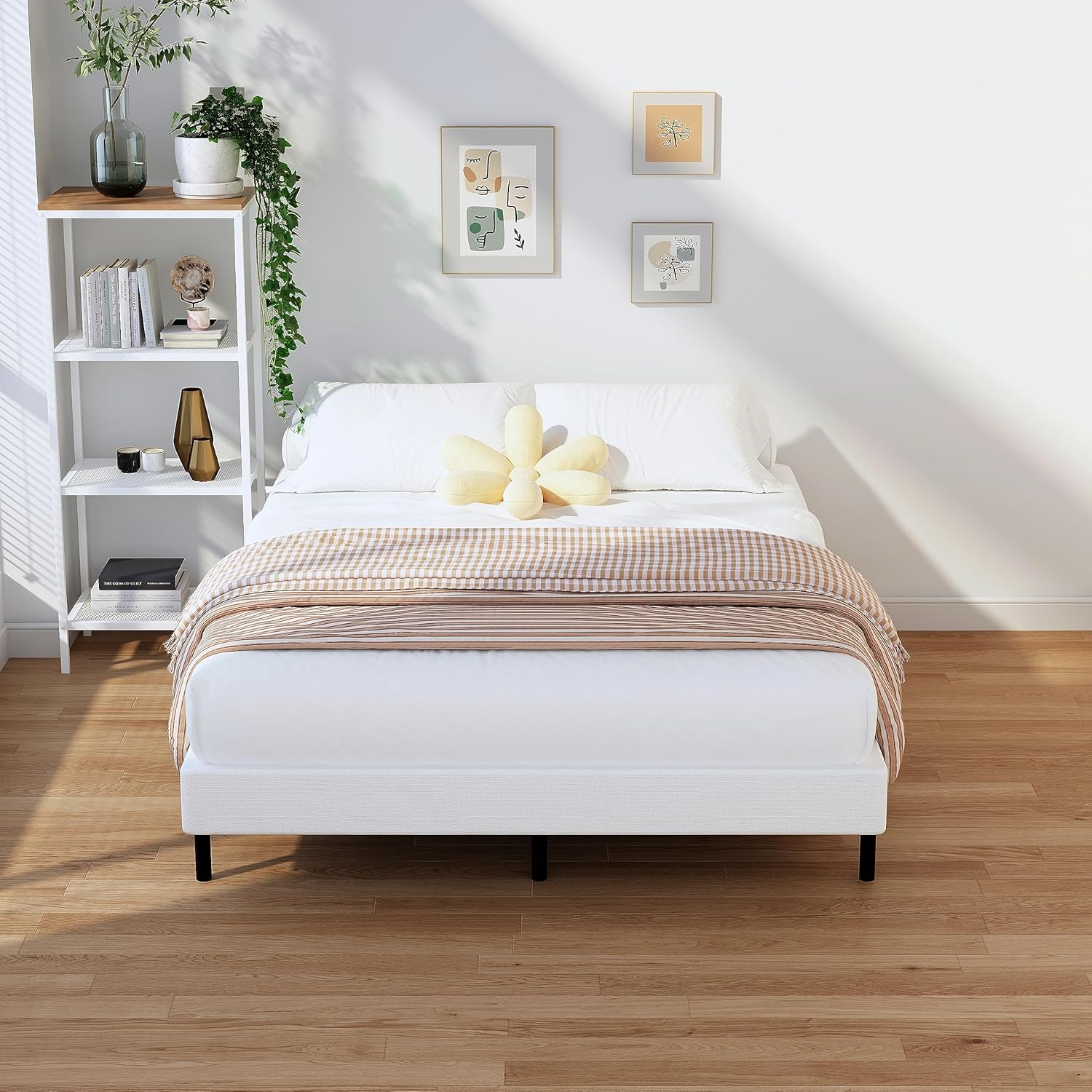 EMODA Base de cama tamaño matrimonial de 5 pulgadas, base de colchón de metal resistente de 3000 libras con funda de tela, fácil montaje, color negro