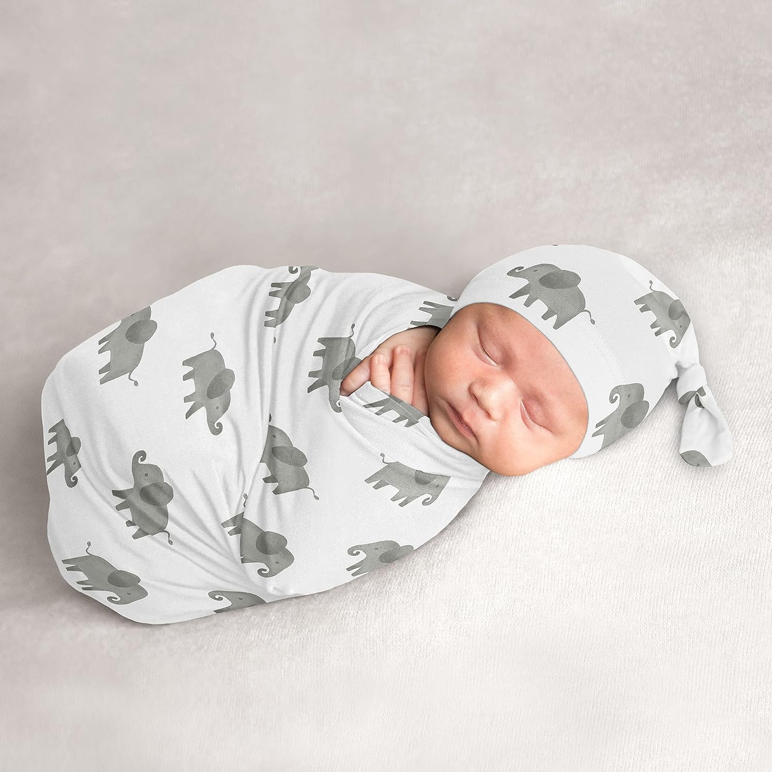 Sweet Jojo Designs Elephant Safari – Conjunto de capullo y gorro para bebé, saco de dormir de punto elástico para bebé, recién nacido, saco de