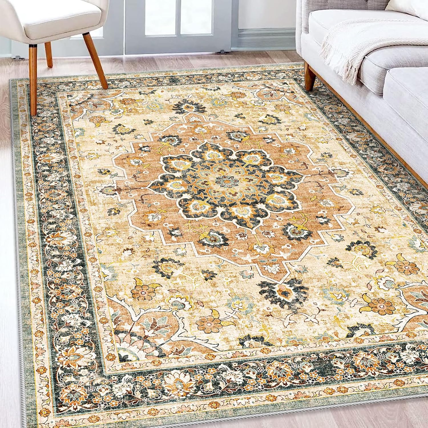 Alfombra oriental lavable de 5 x 8 pies, alfombra suave para sala de estar, dormitorio, impermeable, floral, envejecida, resistente a las manchas,
