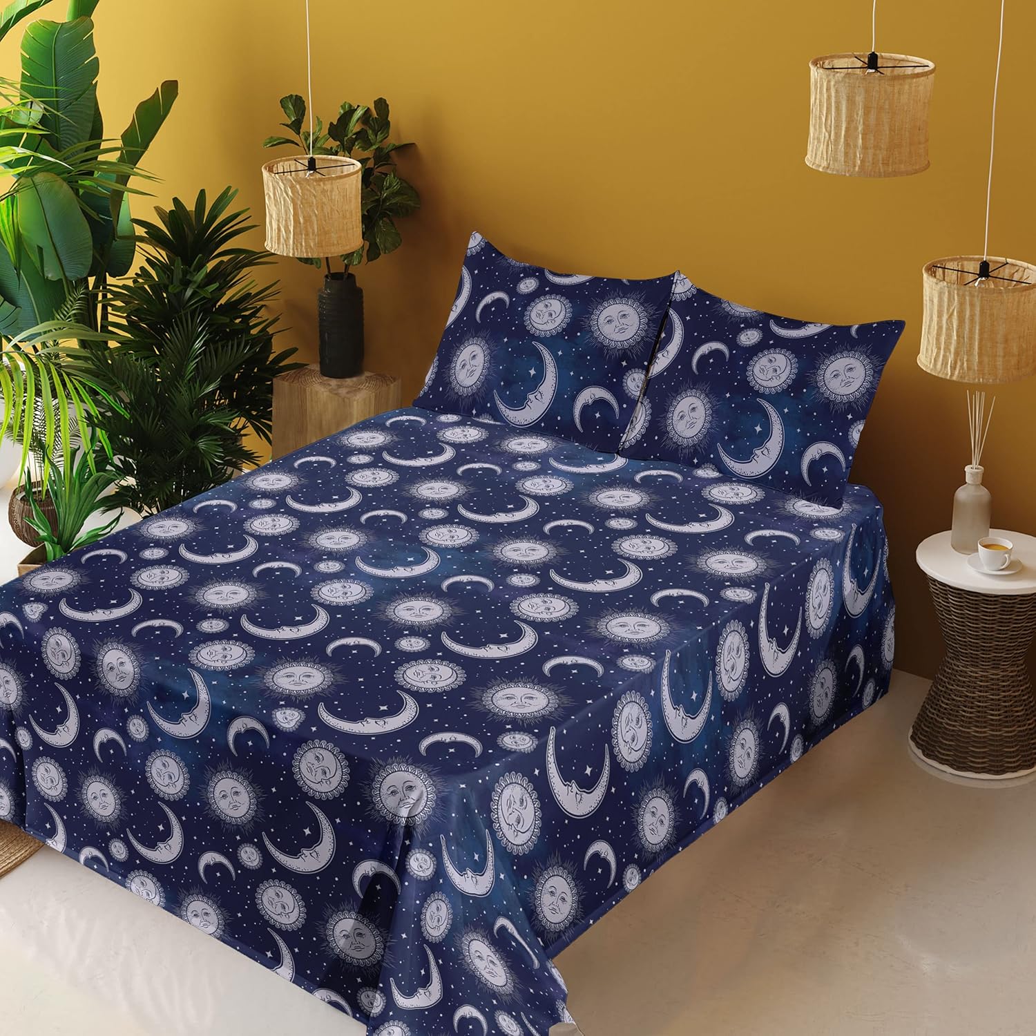 Ambesonne Boho Art Sheet Set, Astrology Inspired Sun and Moon Outer Space Galaxy Night Pattern, Fitted and Flat Sheet with Pillowcases Bedding