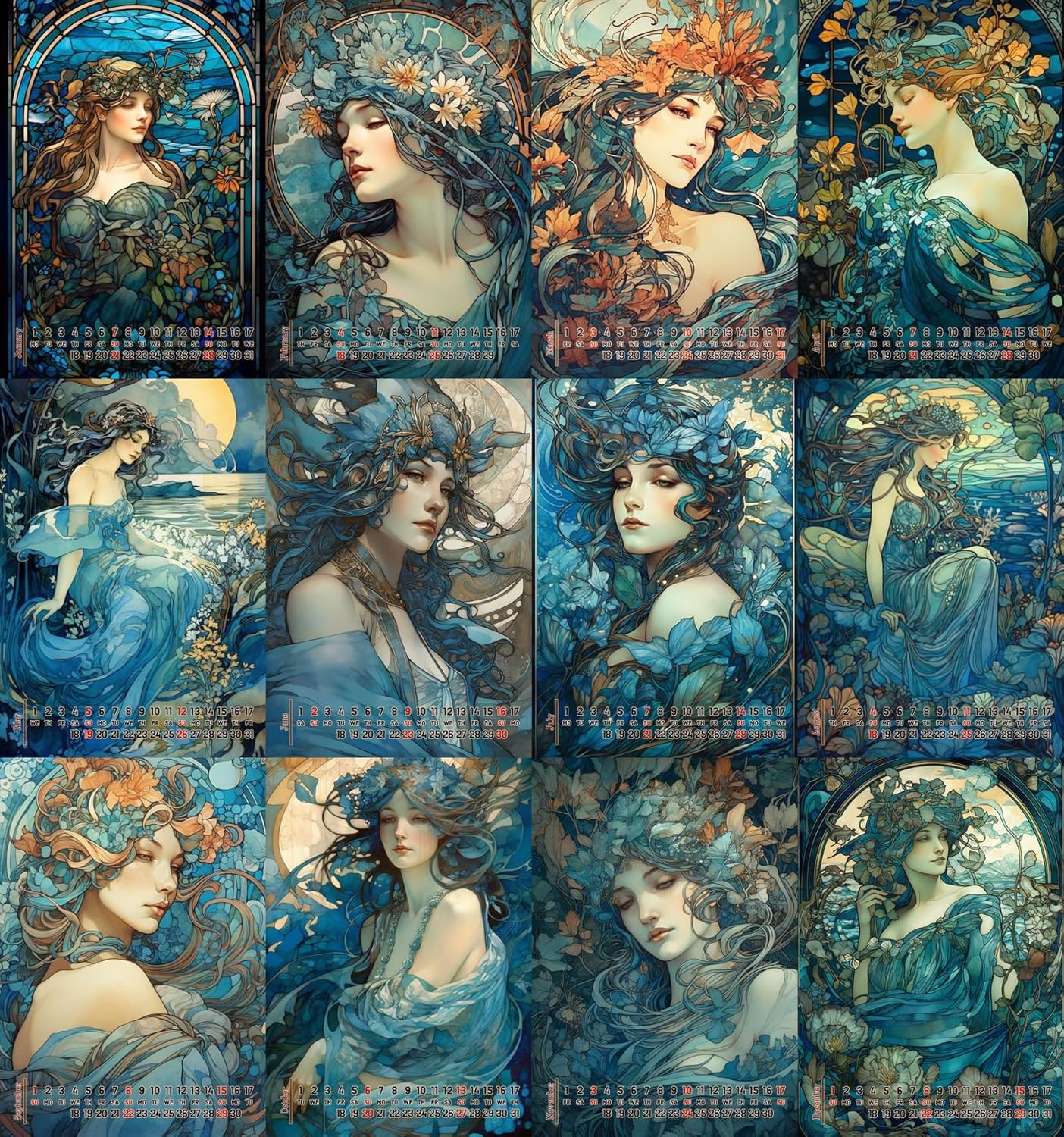 Calendario de pared 2024 12 páginas de 8 x 12 pulgadas Hermosas mujeres con vestidos azules rodeados de flores increíbles, póster de ilustración de