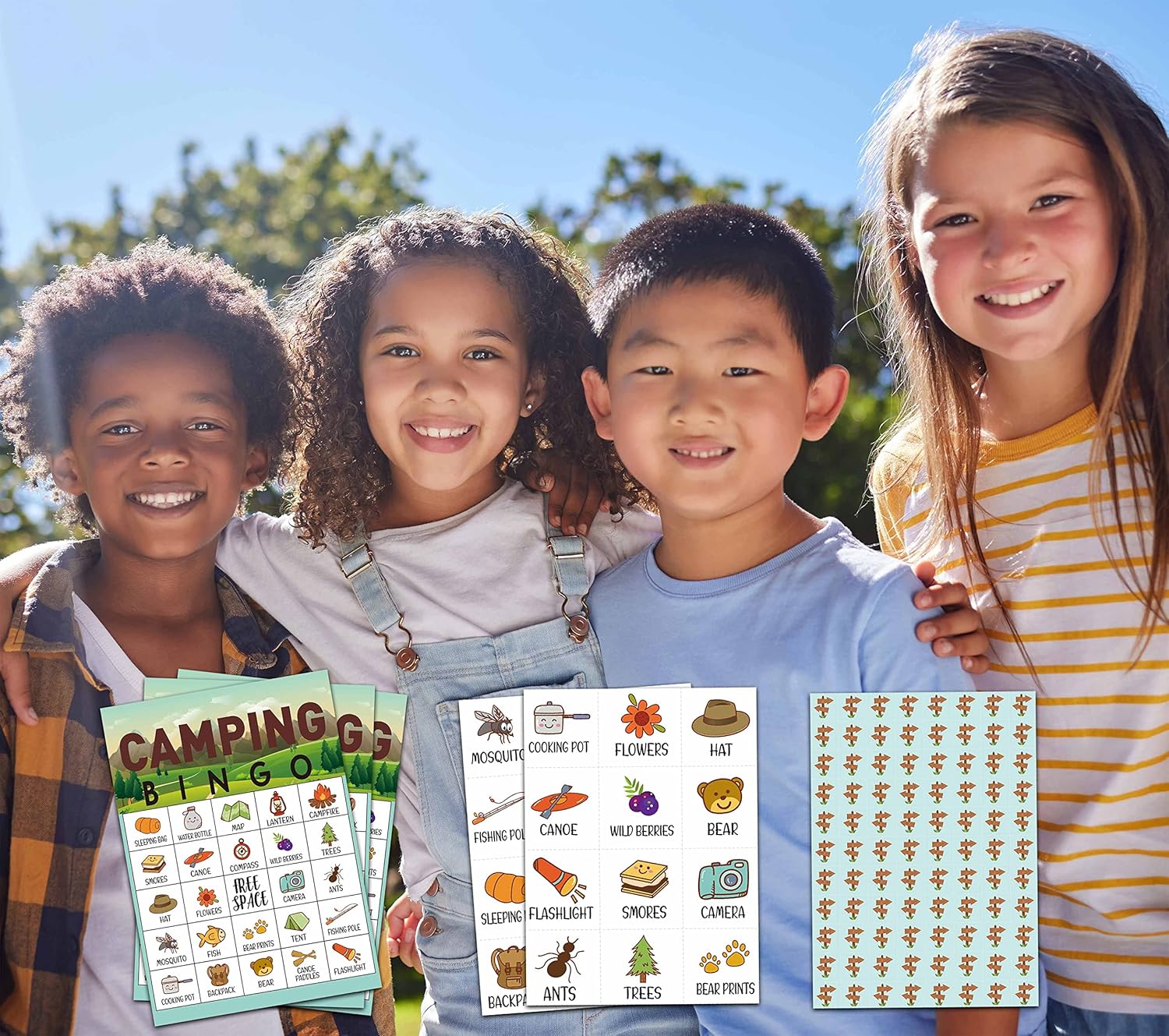 Juego de bingo de campamento, juegos de fiesta temática de bosque de acuarela con 24 jugadores, excursión de campo, actividades escolares,