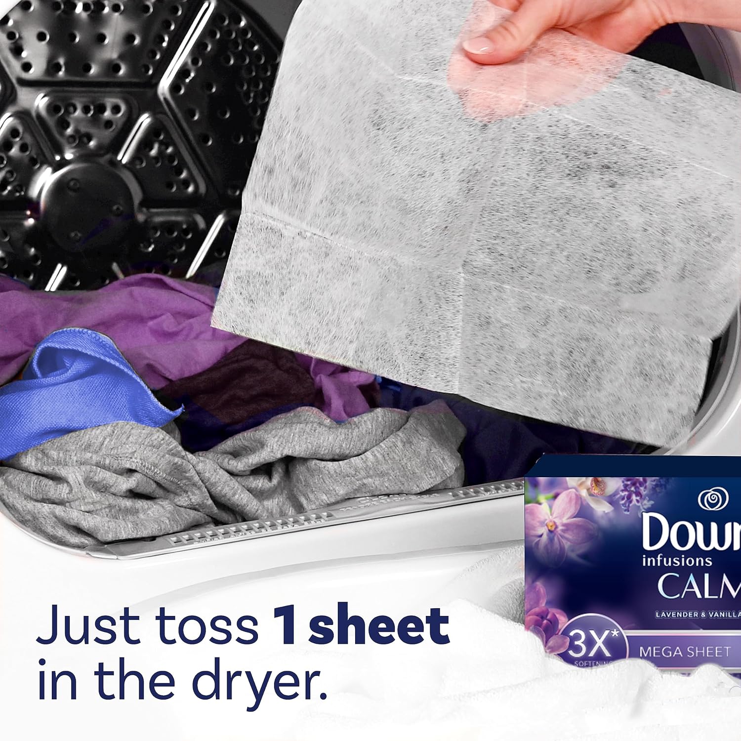 Downy Infusions – Toallitas mega para secadora, suavizante de ropa, fragancia de lavanda y vainilla (Calm), 130 unidades