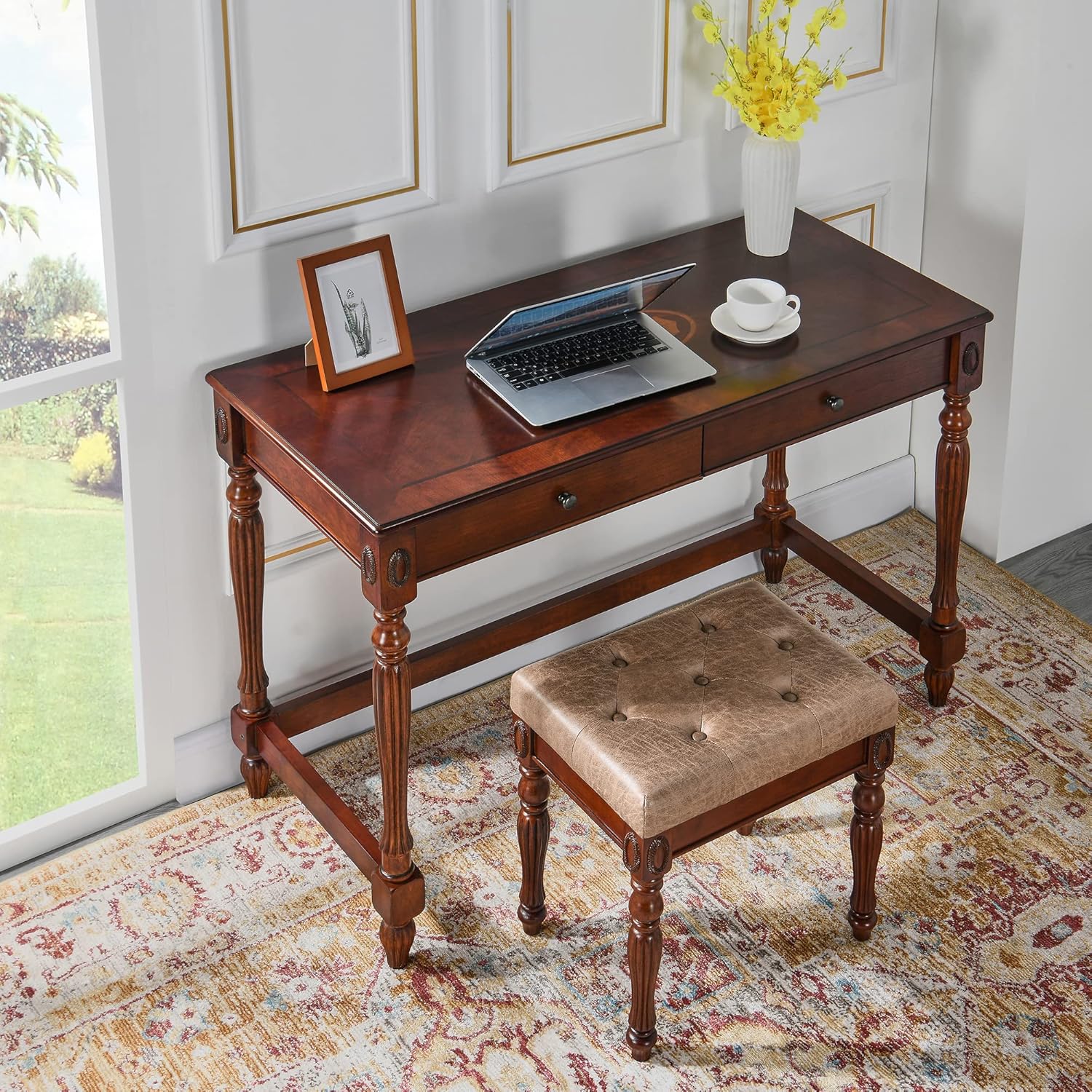 Banco de tocador tapizado de madera maciza, pequeño taburete otomano vintage de cuero copetudo, con asiento acolchado acolchado, reposapiés tallado,