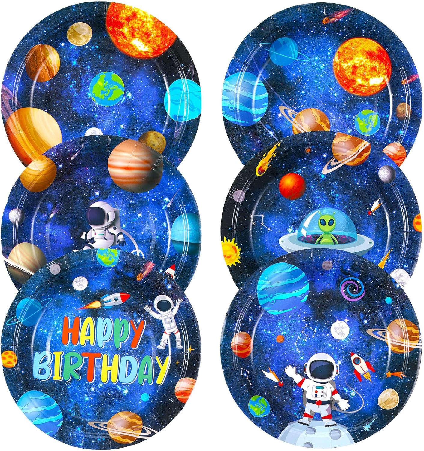 Paquete de 120 suministros para fiestas del espacio exterior, platos de papel del sistema solar de 7 pulgadas, platos de postre de astronauta,