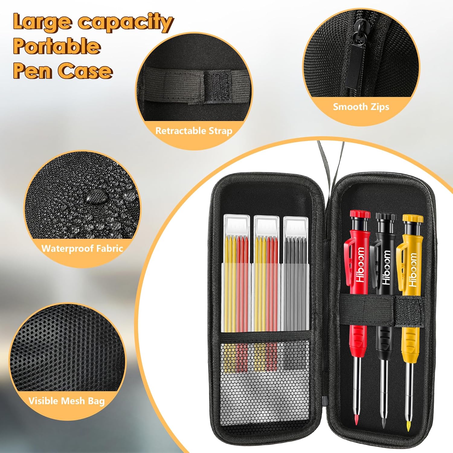 Hiboom Lápices de carpintero con soporte retráctil, lápices de construcción de marcadores de agujeros profundos con sacapuntas integrado y bolsa de