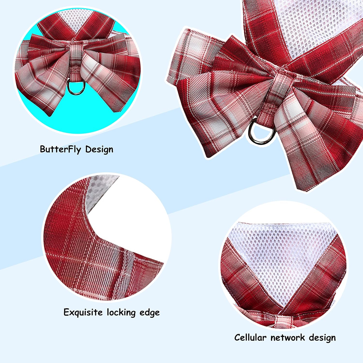 Juego de vestido a cuadros para perro, arnés y correa, ropa para perro con anillo para correa para perros pequeños y niñas, ropa de conejo princesa