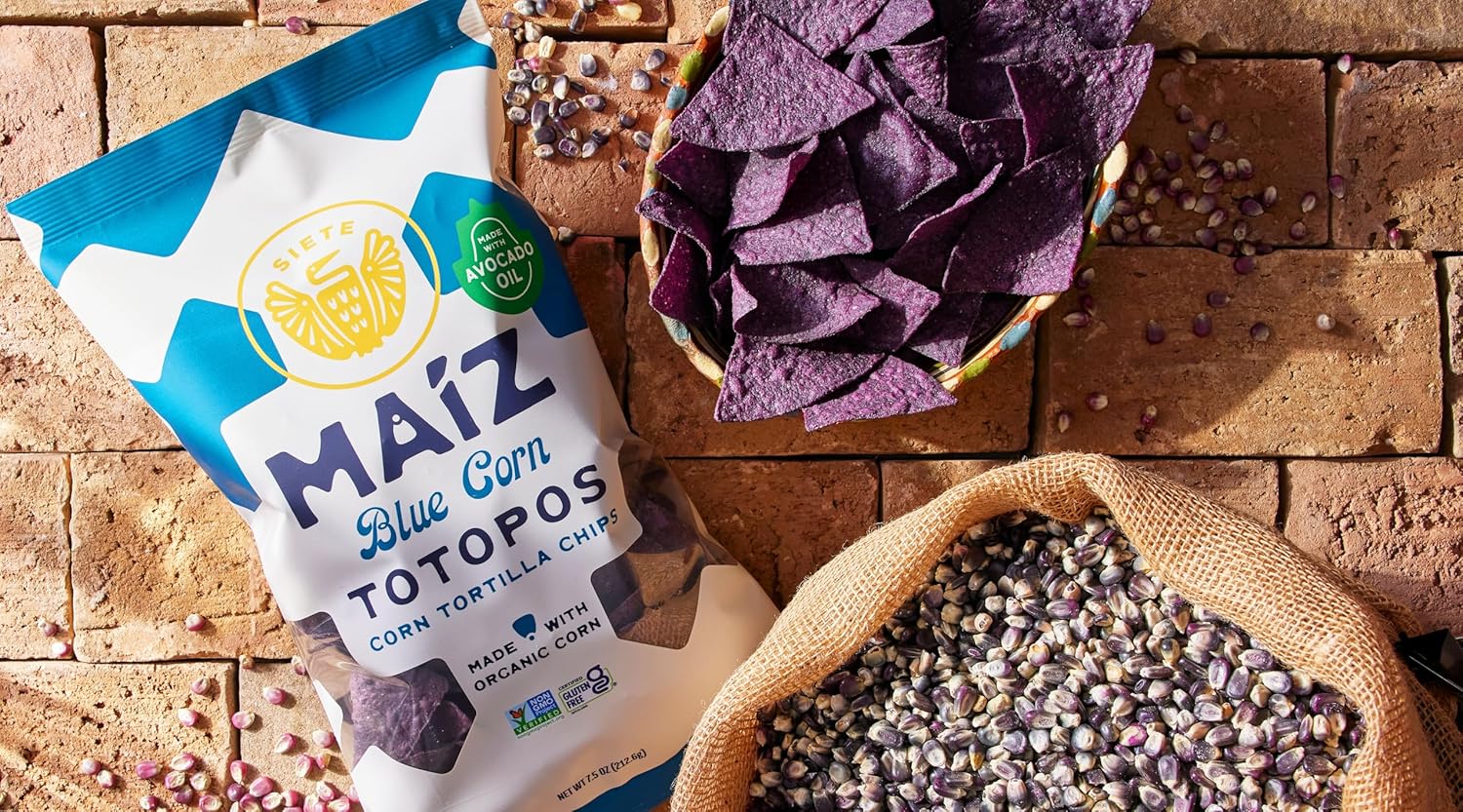 Siete Maiz Totopos Chips de tortilla de maíz  Maíz azul  Sin gluten  Snacks veganos  Sin OMG y chips de maíz orgánico  Hecho con aceite de aguacate