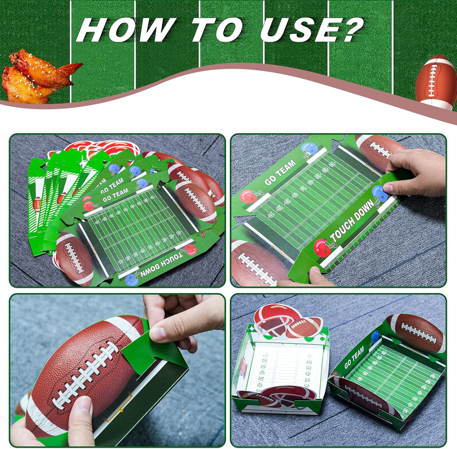 Paquete de 36 bandejas de papel desechables para fiestas de fútbol, bandejas de comida desechables de 5 libras, bandejas de palomitas de maíz para