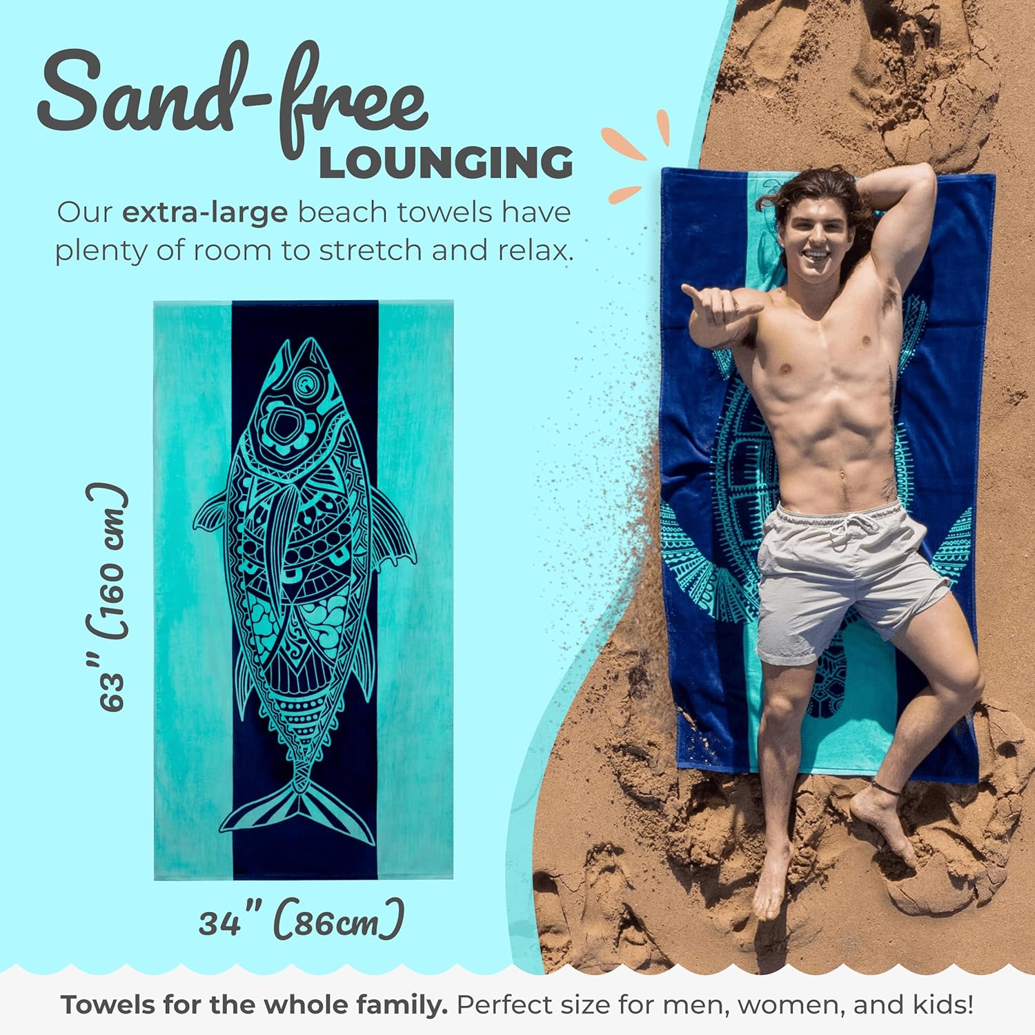 Nova Blue Tuna Fish – Toalla de playa de algodón a rayas (34 x 63) hecha de 100% algodón, toalla de piscina de secado rápido con diseño tropical,