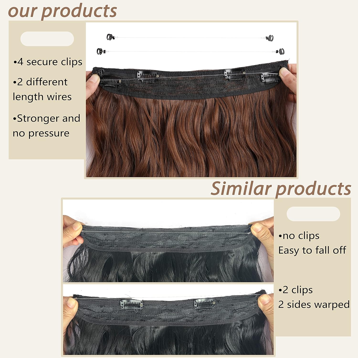 Extensiones de cabello con clip de 20 pulgadas con alambre invisible, tamaño ajustable, extensiones de cabello ondulado largo con 4 clips de