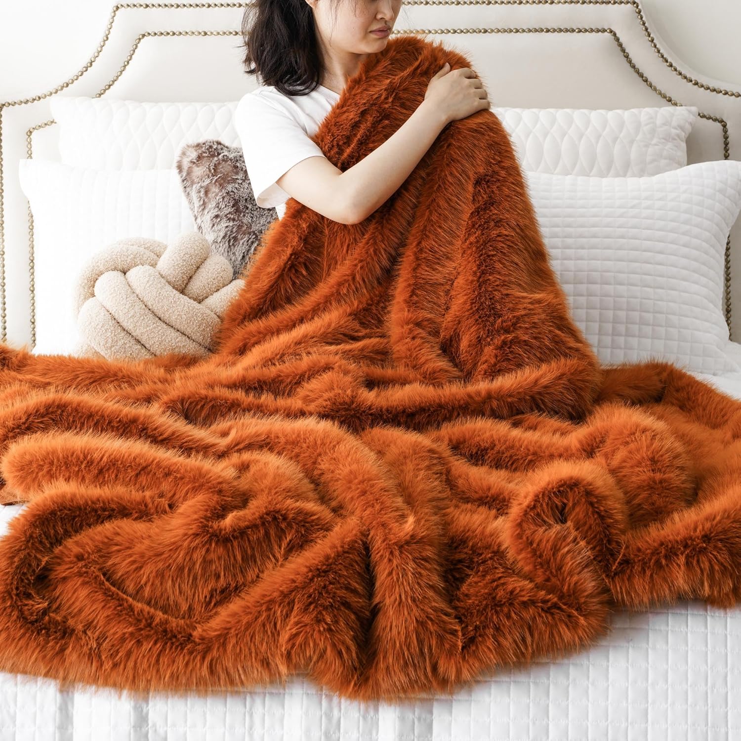 BATTILO HOME Manta de lujo de piel sintética de otoño, manta de piel naranja óxido para sofá, silla, cama, felpa suave, cálida y acogedora manta de