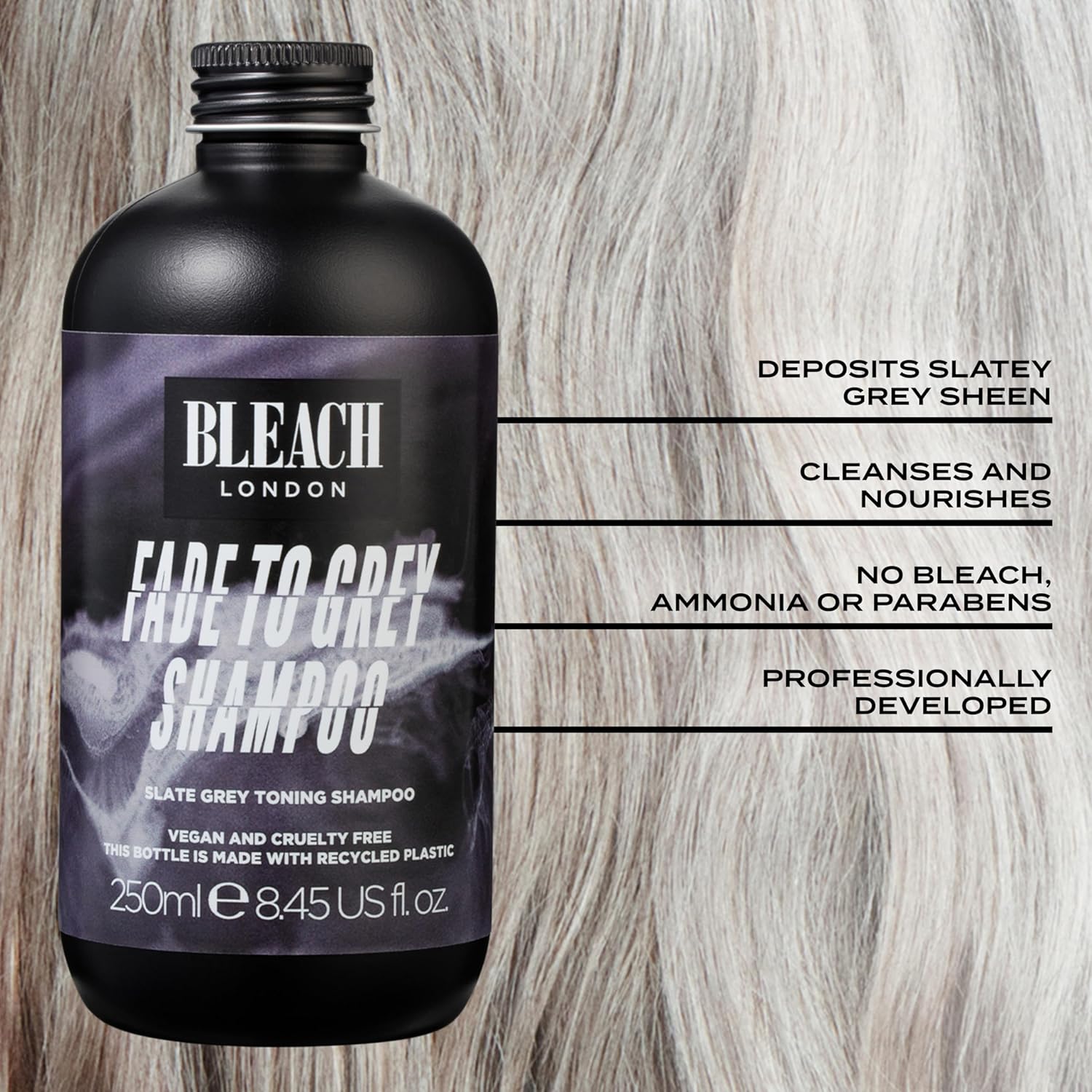 Bleach London Champú Fade to Grey  Fórmula de tonificación gris vegana y aprobada por PETA, para cabello rubio y gris, depósito de color, aspecto
