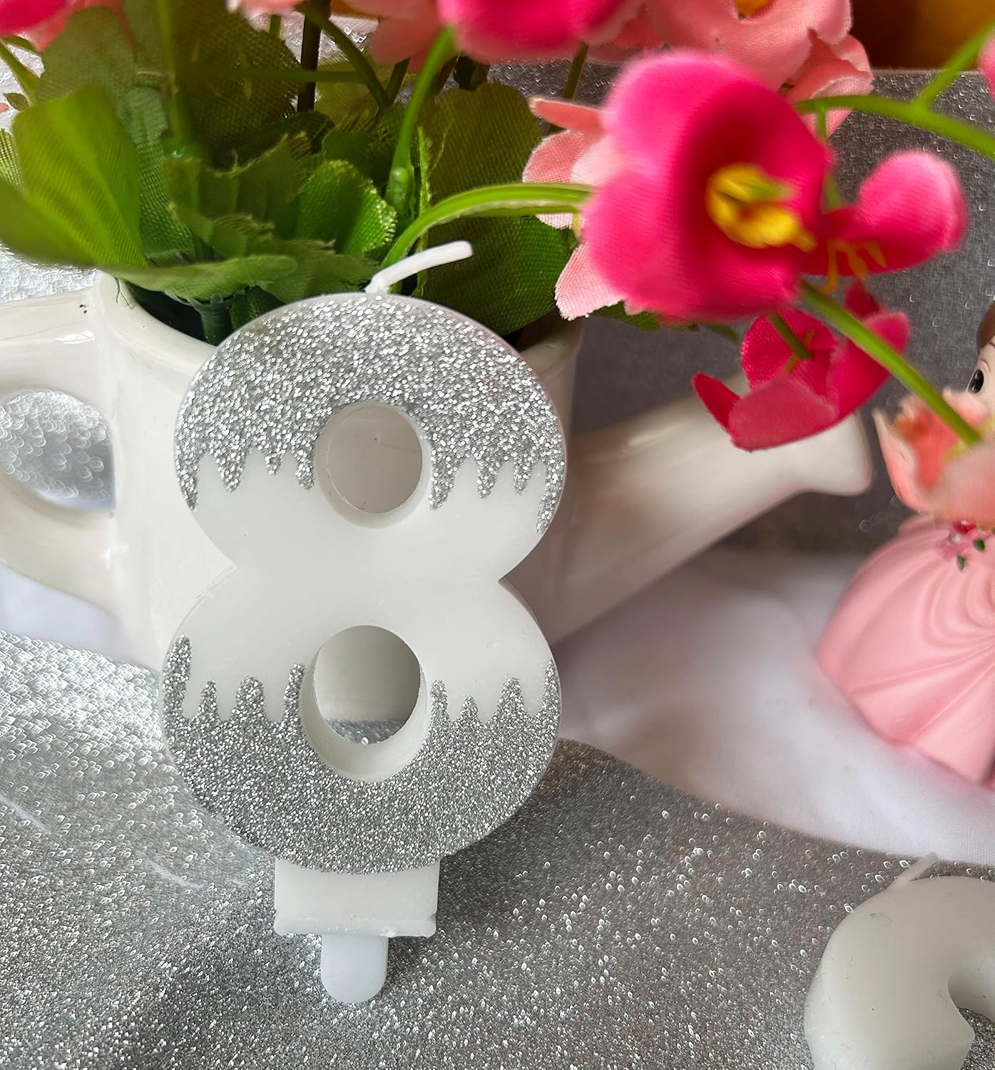 Slivery – Vela de cumpleaños número 8, vela plateada con purpurina para niños, adultos, decoración de pastel para cualquier celebración