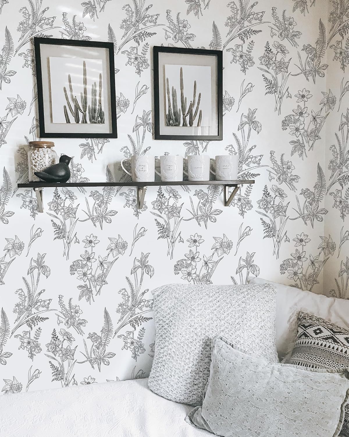Papel tapiz floral en blanco y negro, papel de contacto floral para gabinetes, autoadhesivo, extraíble, para dormitorio, decoración moderna de pared