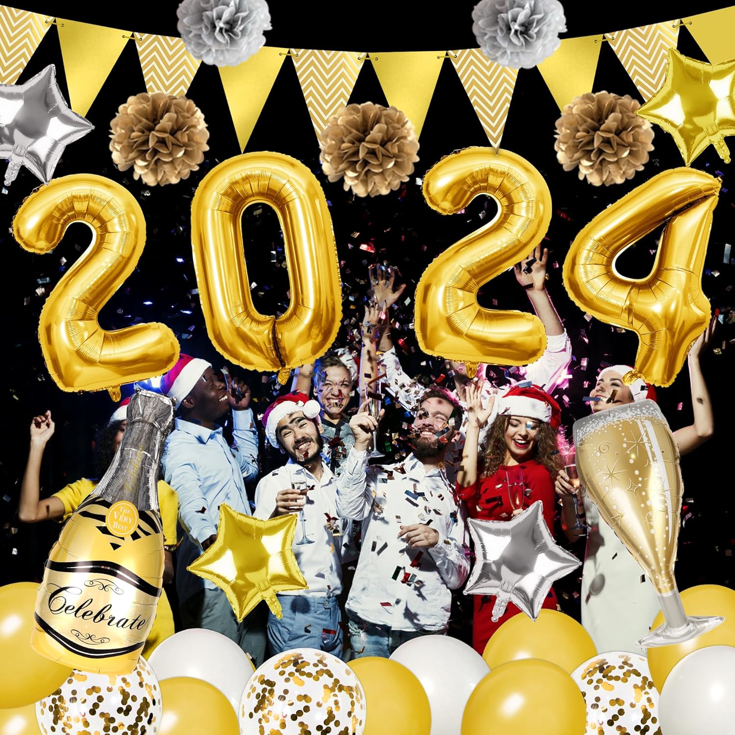 Yawagor – Suministros para fiesta de Año Nuevo 2024, 42 decoraciones doradas para fiestas de Año Nuevo, juego de globos de aluminio de 36 pulgadas,