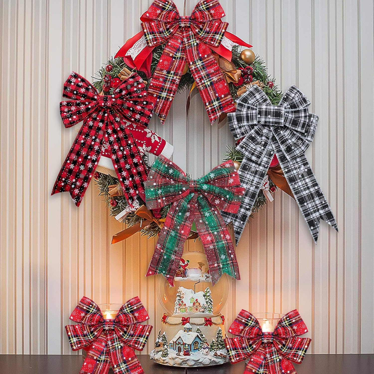 4 rollos de cinta de Navidad a cuadros de búfalo de Navidad, cinta de copo de nieve, cinta de Navidad con alambre para decoración de envoltura de