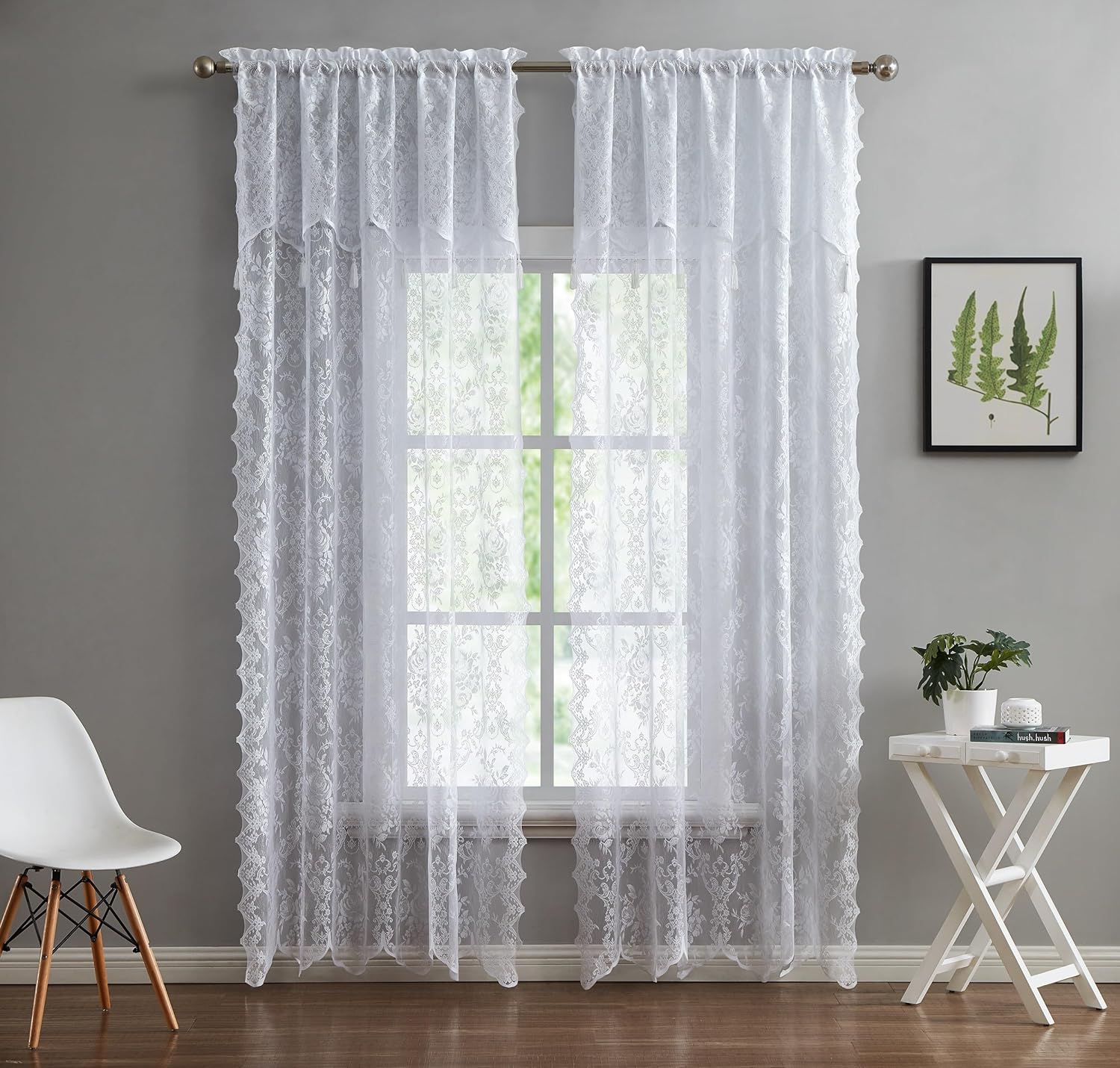 LINENZONE Par de 2 paneles de cortina de encaje con cenefa adjunta y 6 borlas. Cortinas de encaje transparente para sala de estar, comedor,