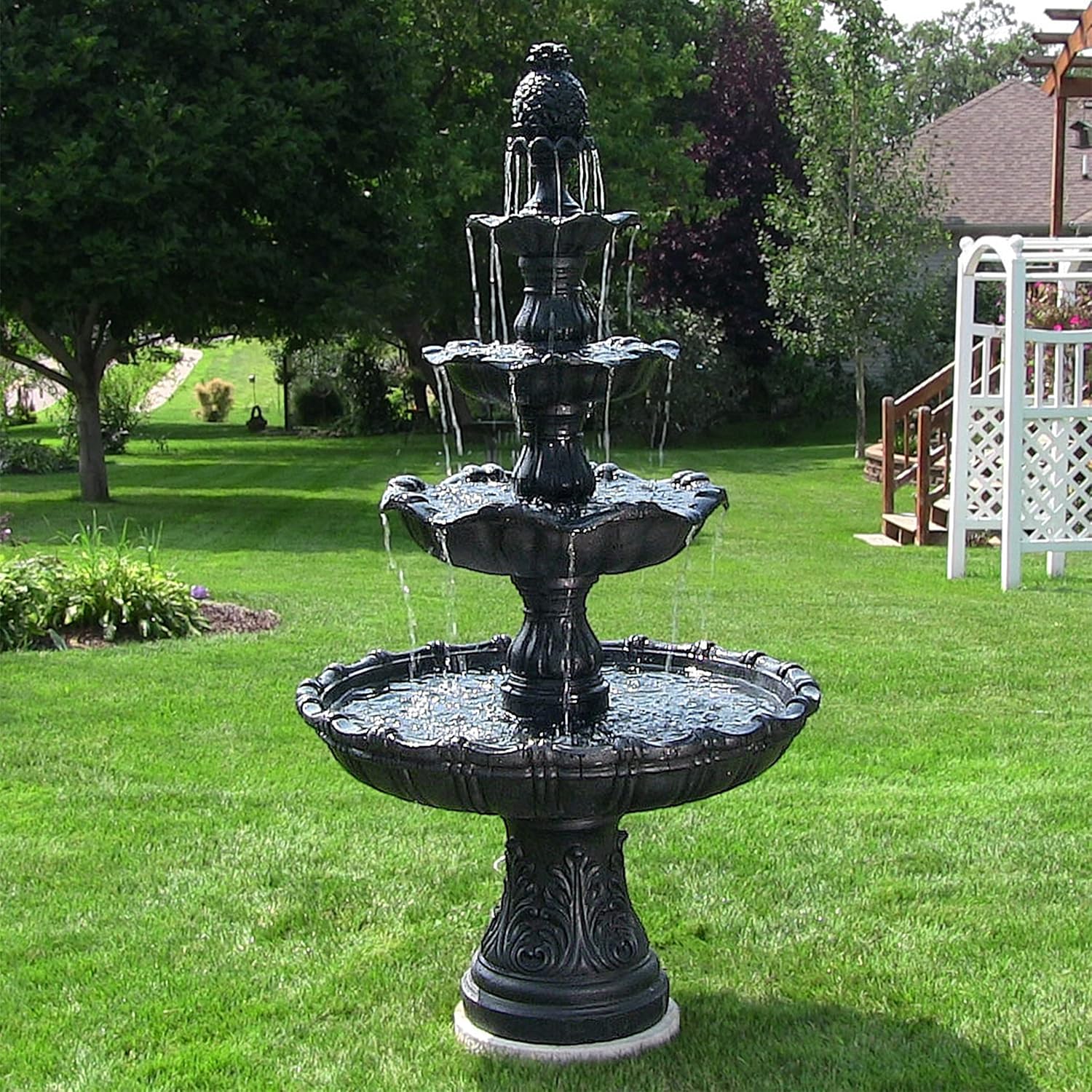 Sunnydaze Grand Courtyard – Fuente de agua para exteriores de 80 pulgadas, 4 niveles, bomba sumergible eléctrica, color negro