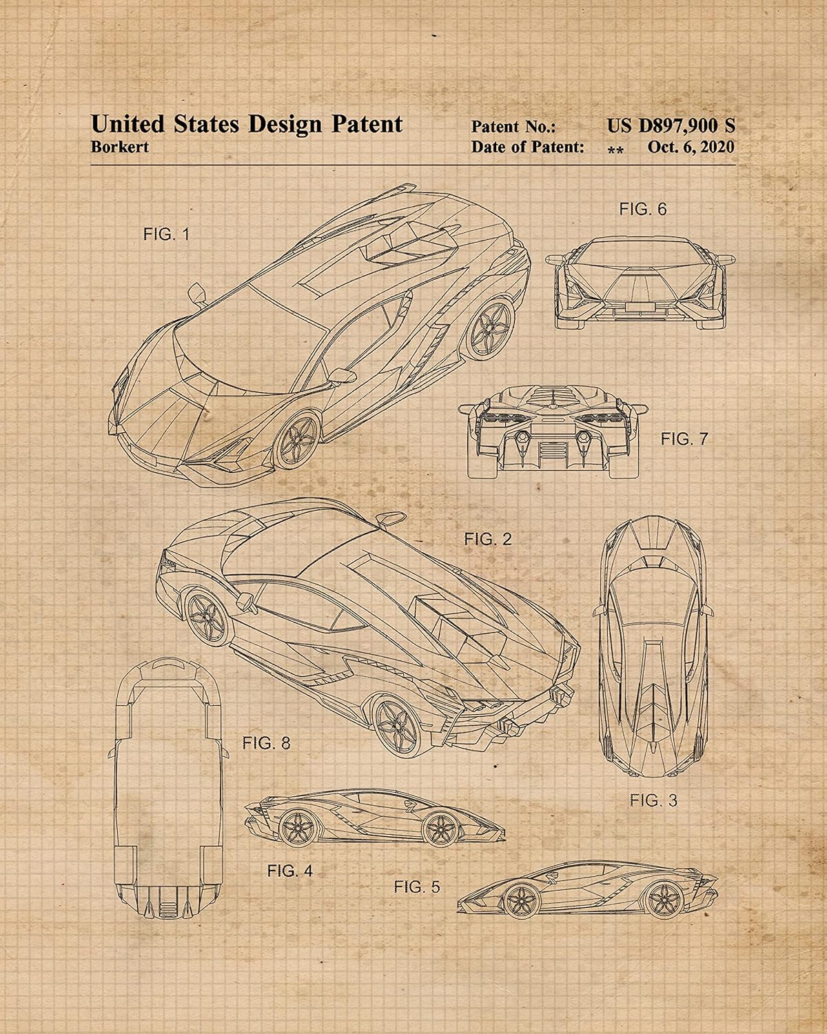 Classic Cars Patent Prints, 6 (8×10) Unframed Photos, Wall Art Decor Gifts for Home Lamborghini Office Gears Garage Shop School Racing Engineer