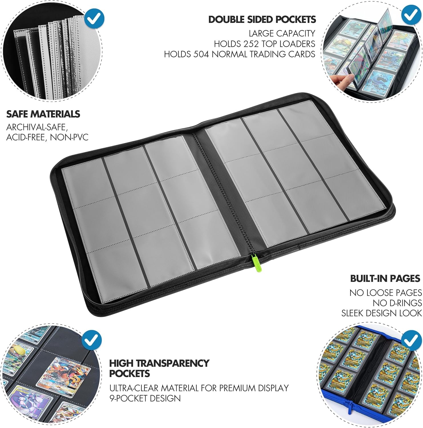 Carpeta Toploader para tarjetas coleccionables, paquete de 2 carpetas, carpeta de 9 bolsillos, carpeta de 252 cargadores superiores, 504 carpetas de