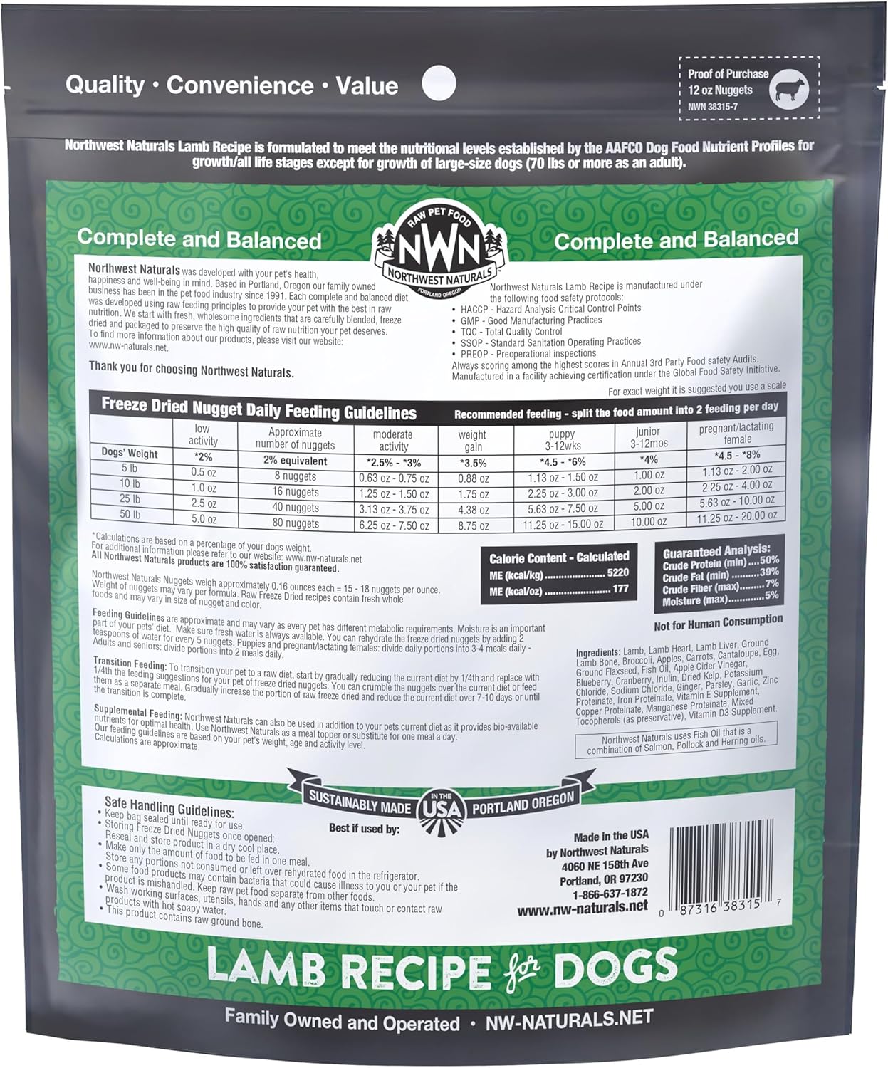 Northwest Naturals Alimento liofilizado para perros de cordero  Nuggets de tamaño bocado  Saludable y limitado, alimento para mascotas de grado