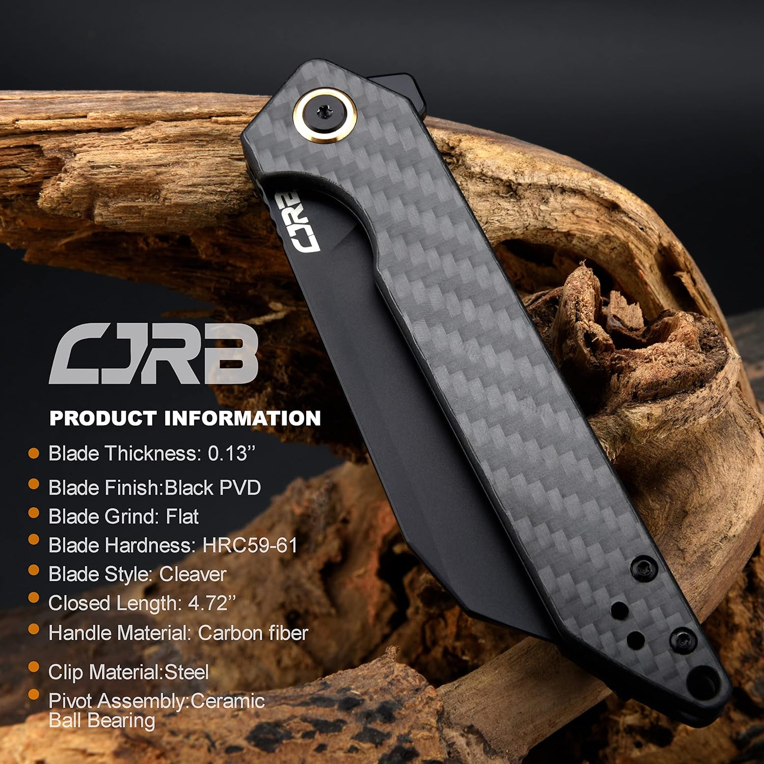 CJRB CUTLERY Cuchillo plegable Rampart (J1907-BCF) AR-RPM9 Acero en polvo Negro Hoja PVD Hoja de fibra de carbono Mango Cuchillo de bolsillo EDC
